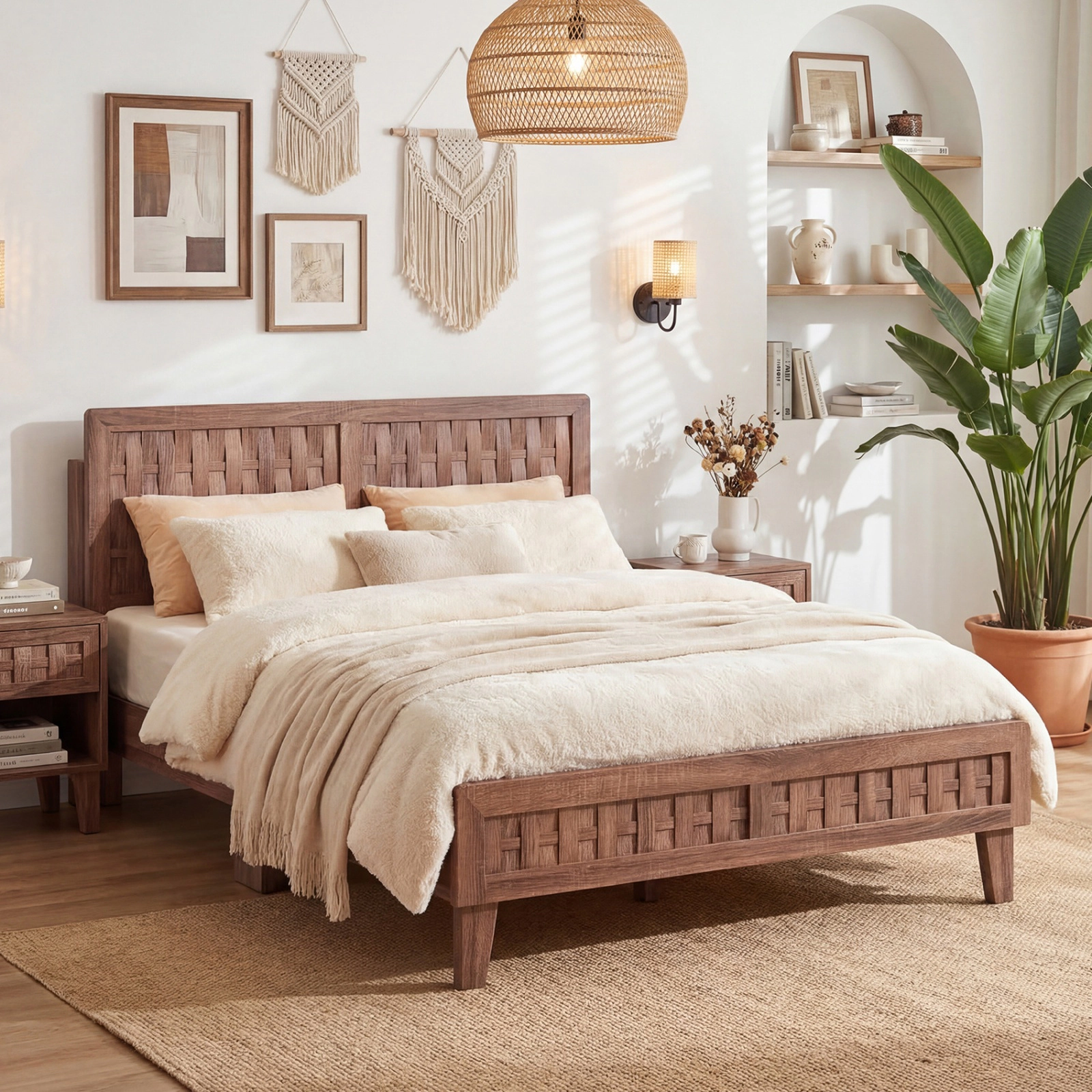 SUGIFT Mid Century Full Size Bed Frame with Woven Accent Headboard 705-lb Capacity Walnut Finish