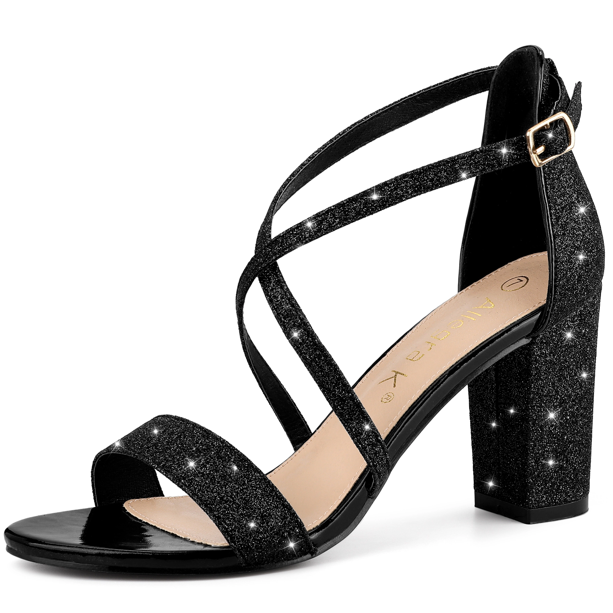 BLISSFUL STEP Women's Glitter Crisscross Strap Open Toe Block Heel Sandals