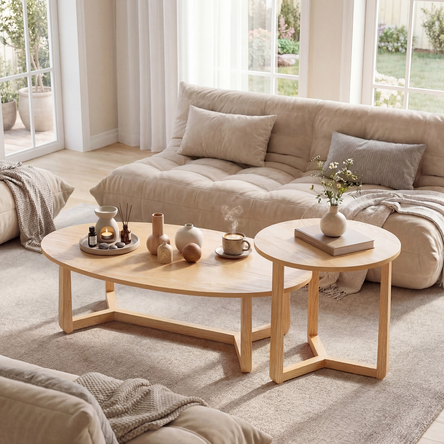 LJG Nesting Coffee Table Set of 2 with Wood Veneered Top and Solid Rubber Wood Legs