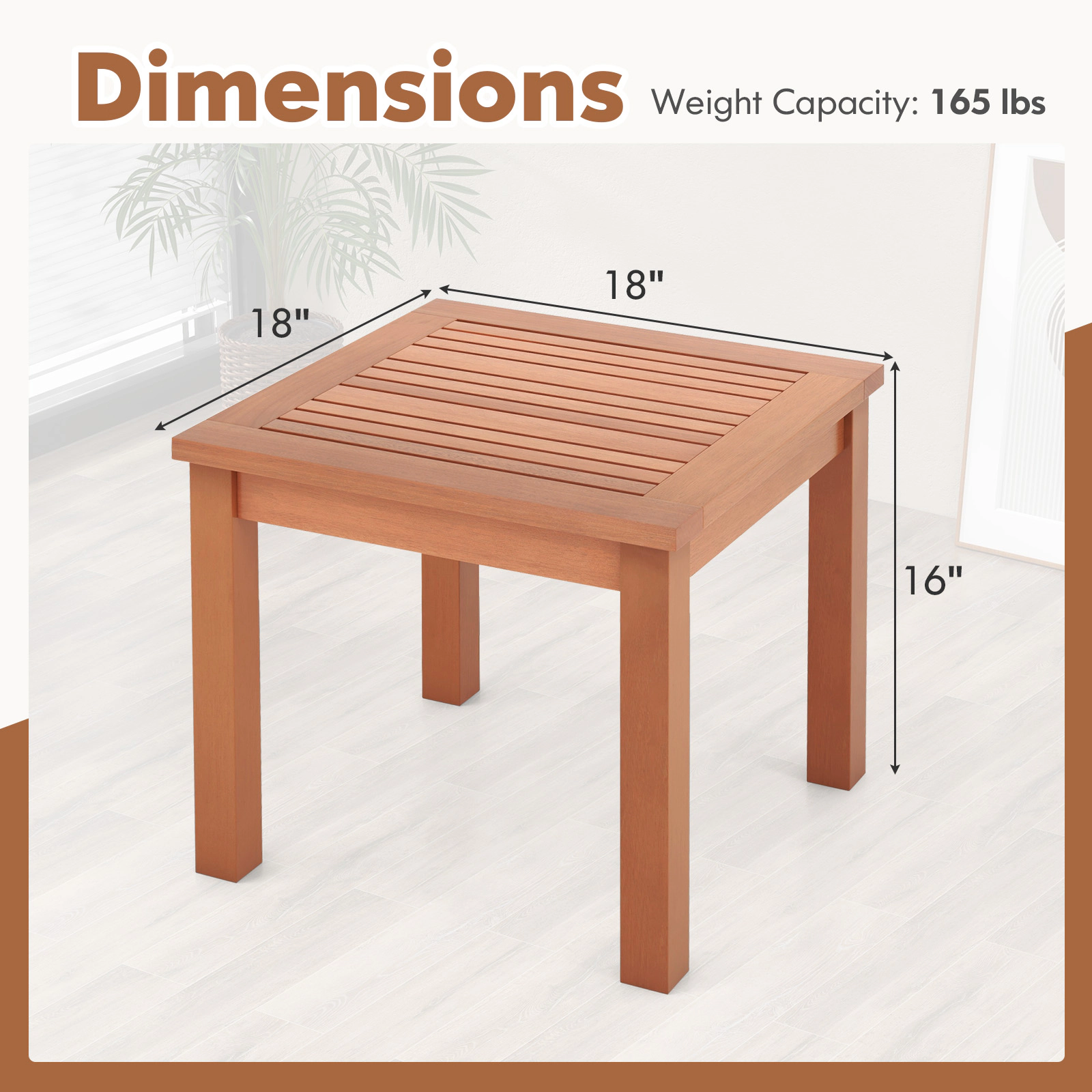 SUGIFT 18-in Square 165-lb Capacity Eucalyptus Wood Outdoor Adirondack Side Table with Slatted Top