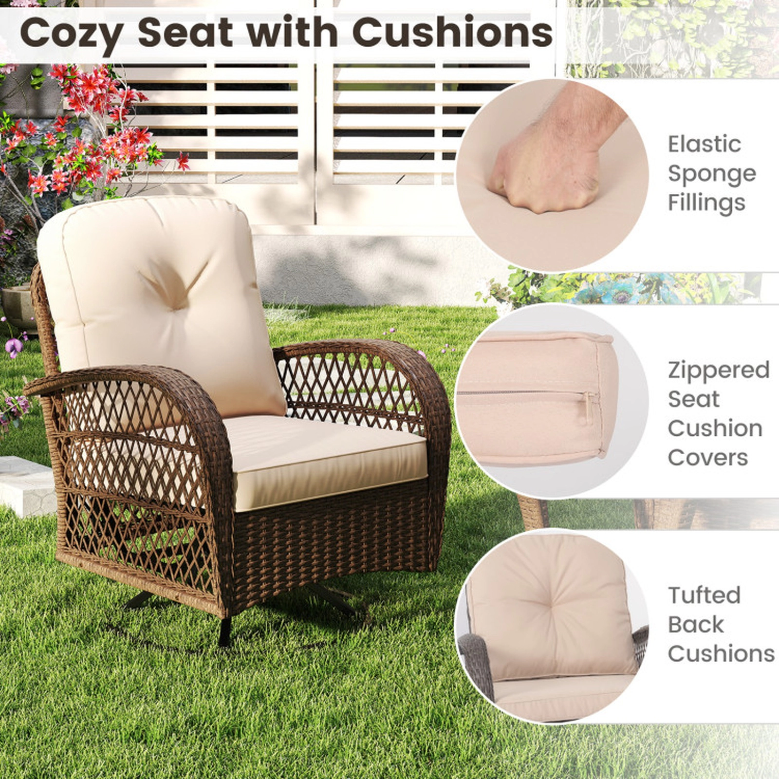 SUGIFT Tempered Glass Side Table and Cushions 3-Piece Patio Swivel Rocker Set