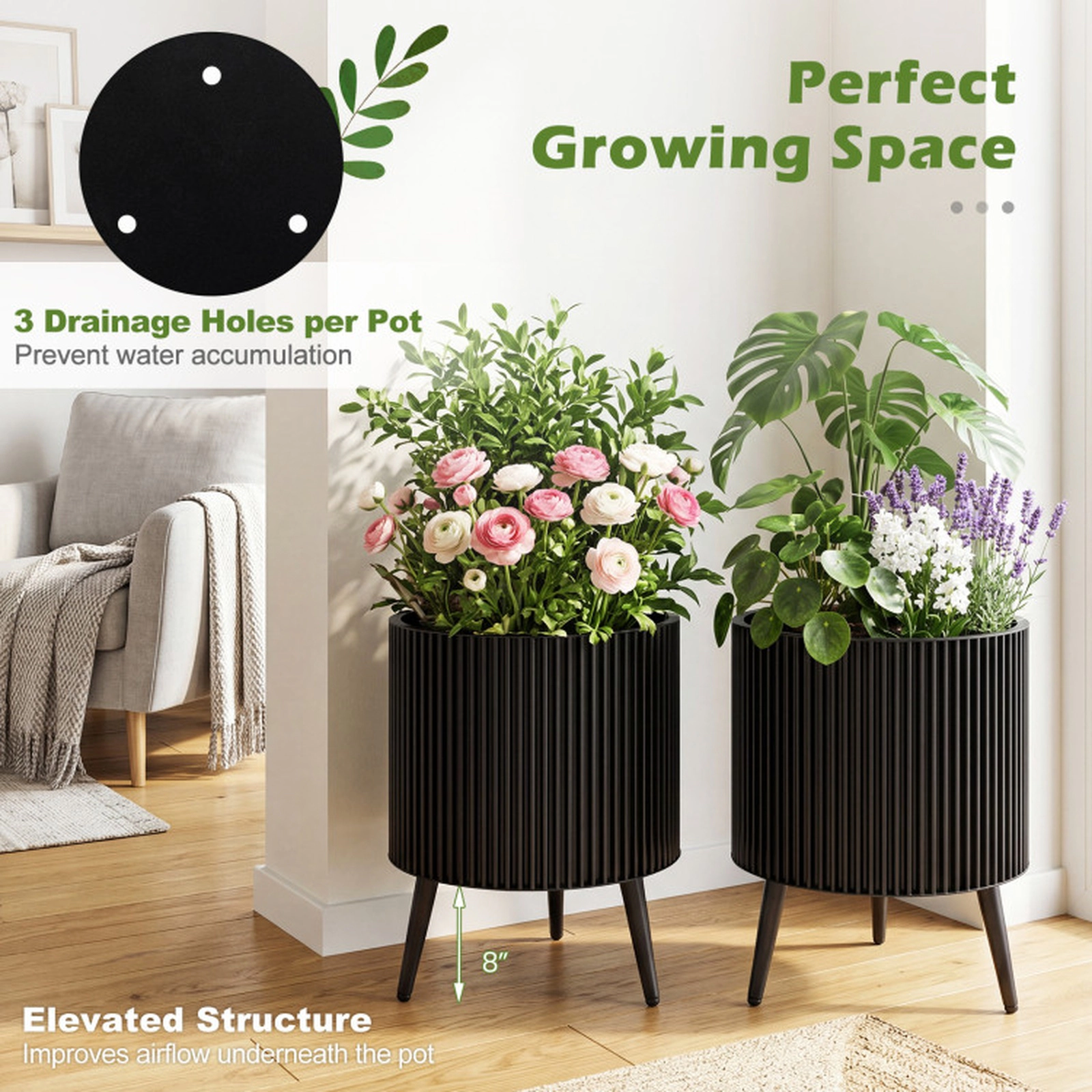 SUGIFT Set of 2 Black Fluted Metal Flower Pots with Stands 14-in Dia and 12-in Dia 21.5-in H 110-lb Pot Capacity