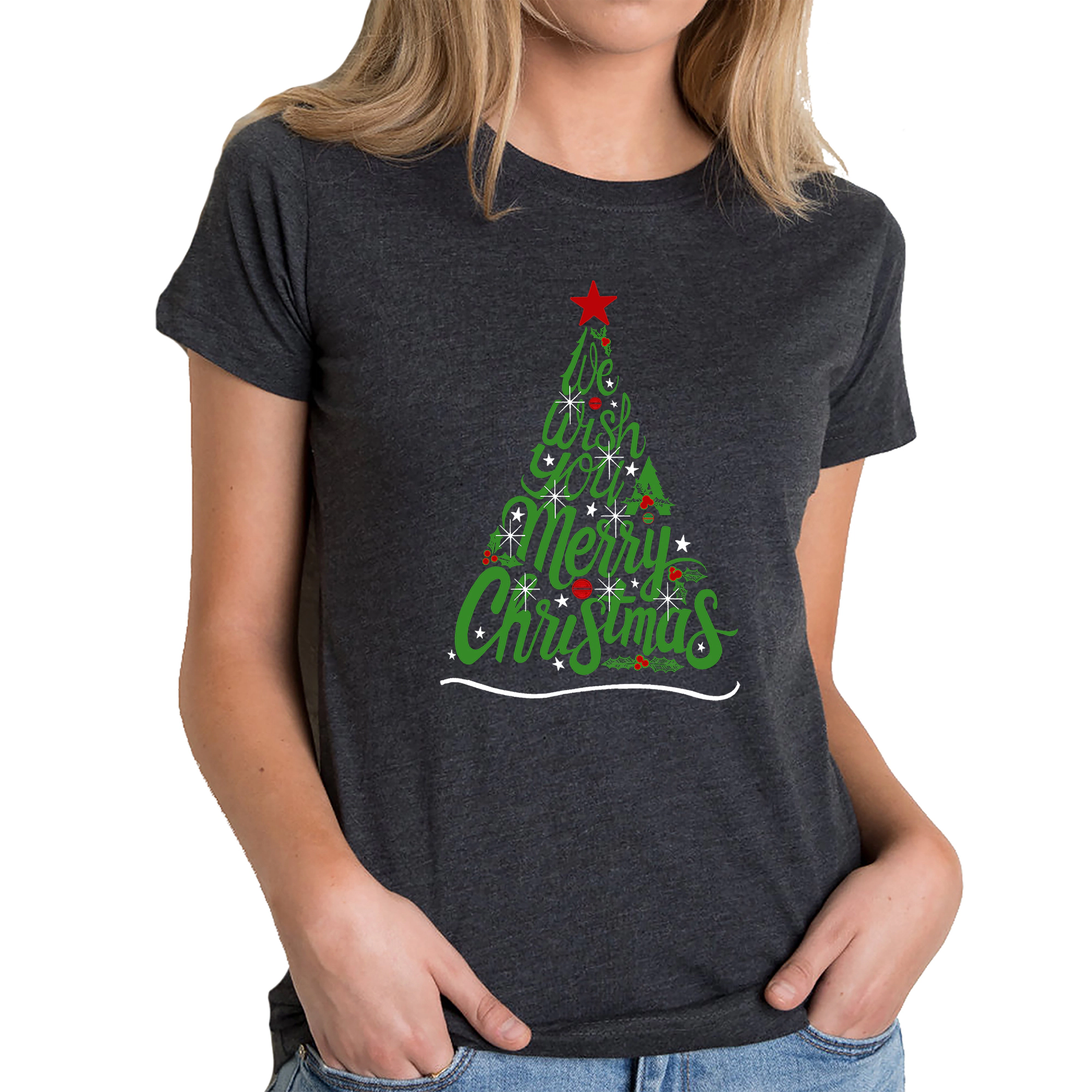 LA Pop Art Women's Cotton/Poly Blend Word T-Shirt - We Wish You A Merry Christmas