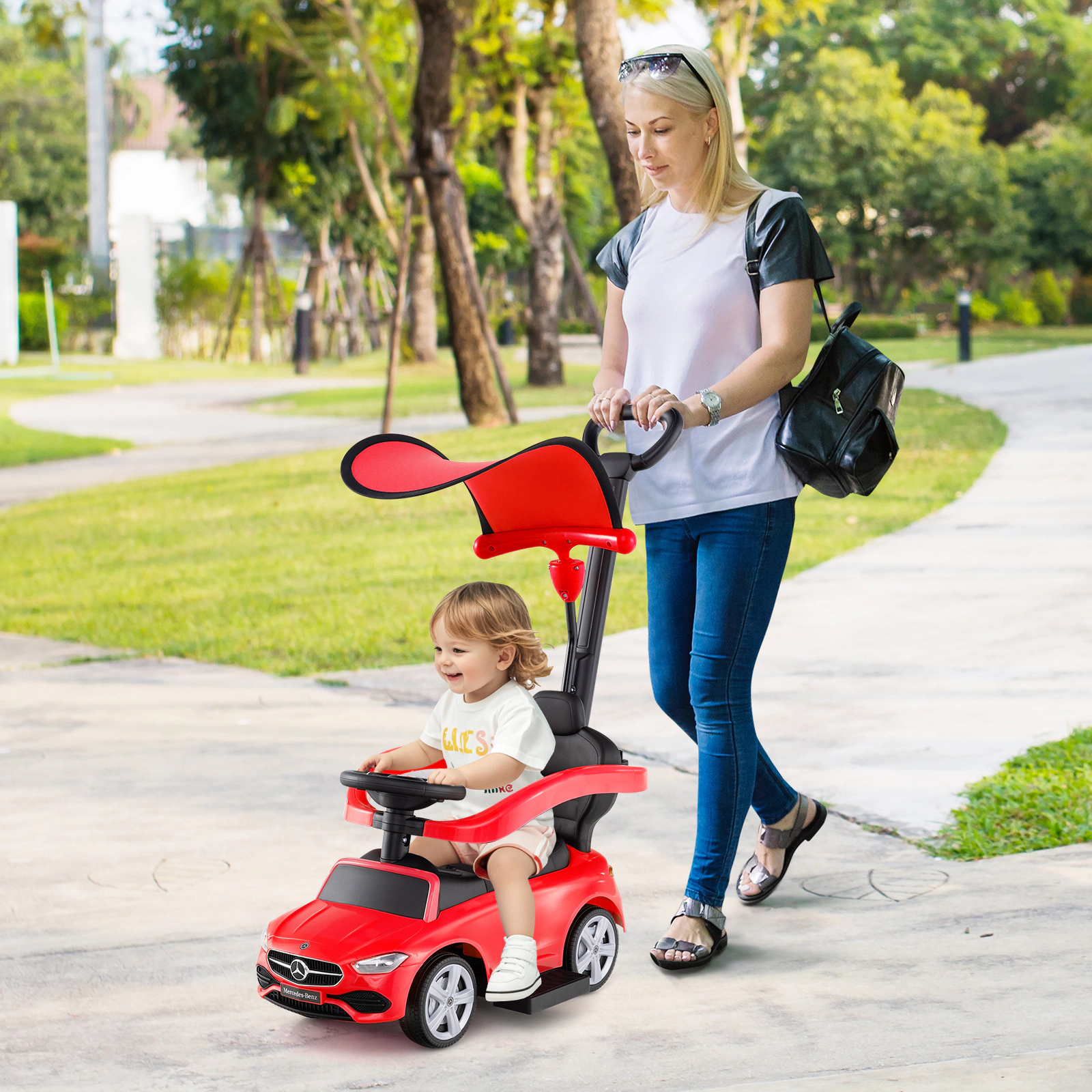 3-in-1 Toddler Push Car with Handle Canopy Guardrail and Under-Seat Storage for 18-36 Months Sliding Ride On Car