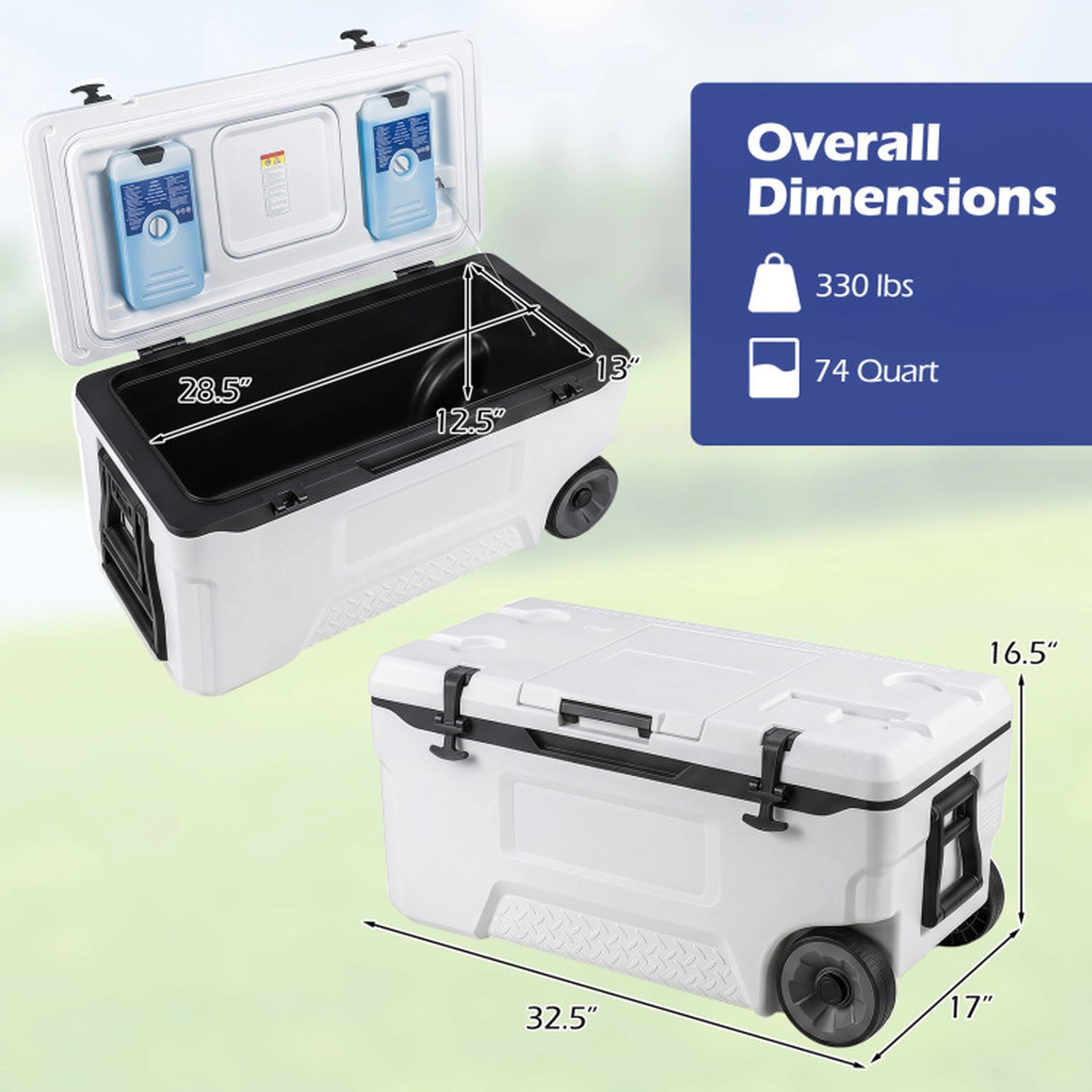 SUGIFT 74-qt White Rolling Cooler Ice Chest with Fish Ruler 4 Cup Holders Bottle Opener and Flip-Up Window