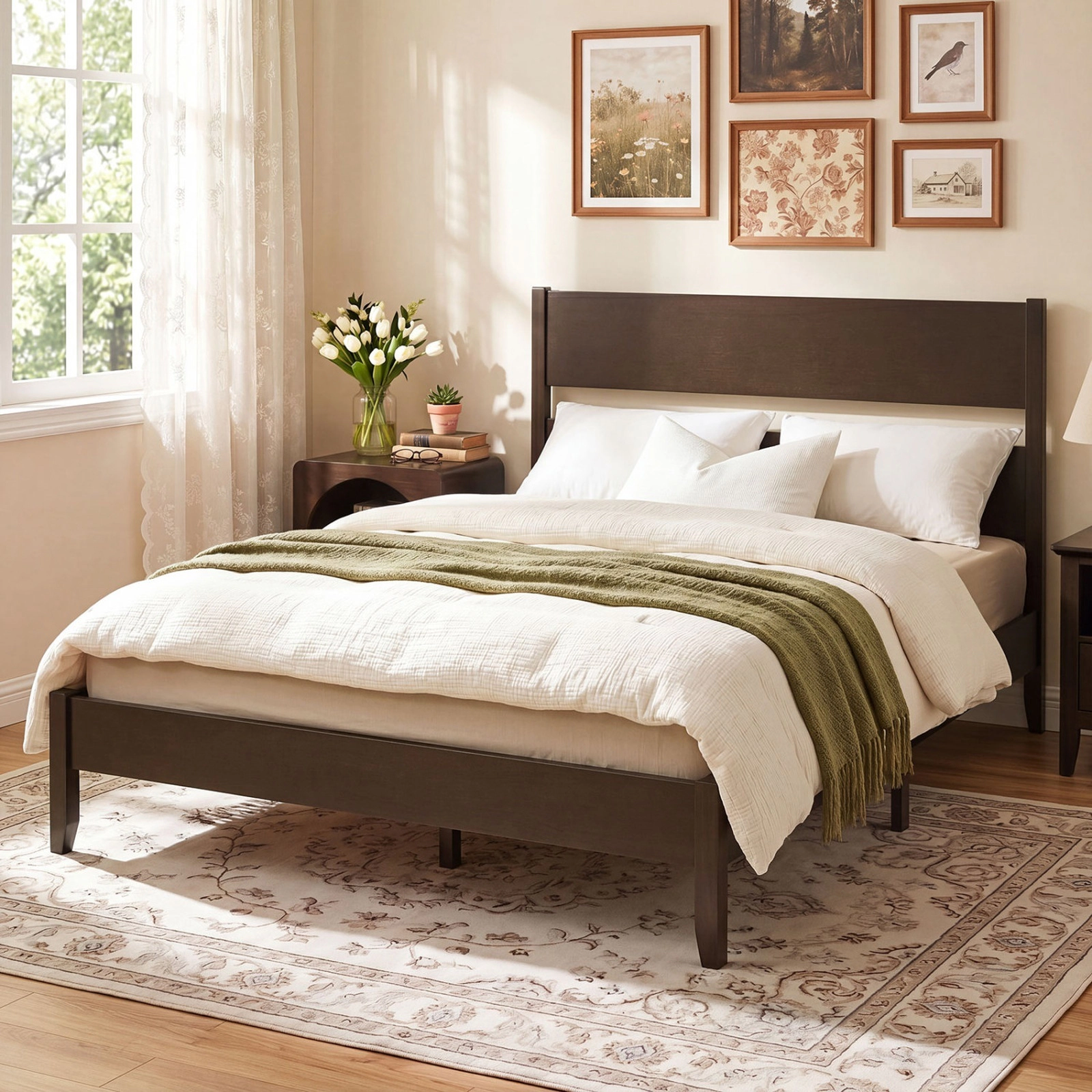SUGIFT Queen Platform Bed Frame, 35-in Wood Headboard, 12 Screw-Fixed Slats, Dark Walnut
