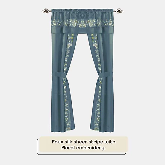 Kate Aurora Complete 5 Pc Window in a Bag Embroidered Floral Country Flax Sheer Curtain & Valance Set