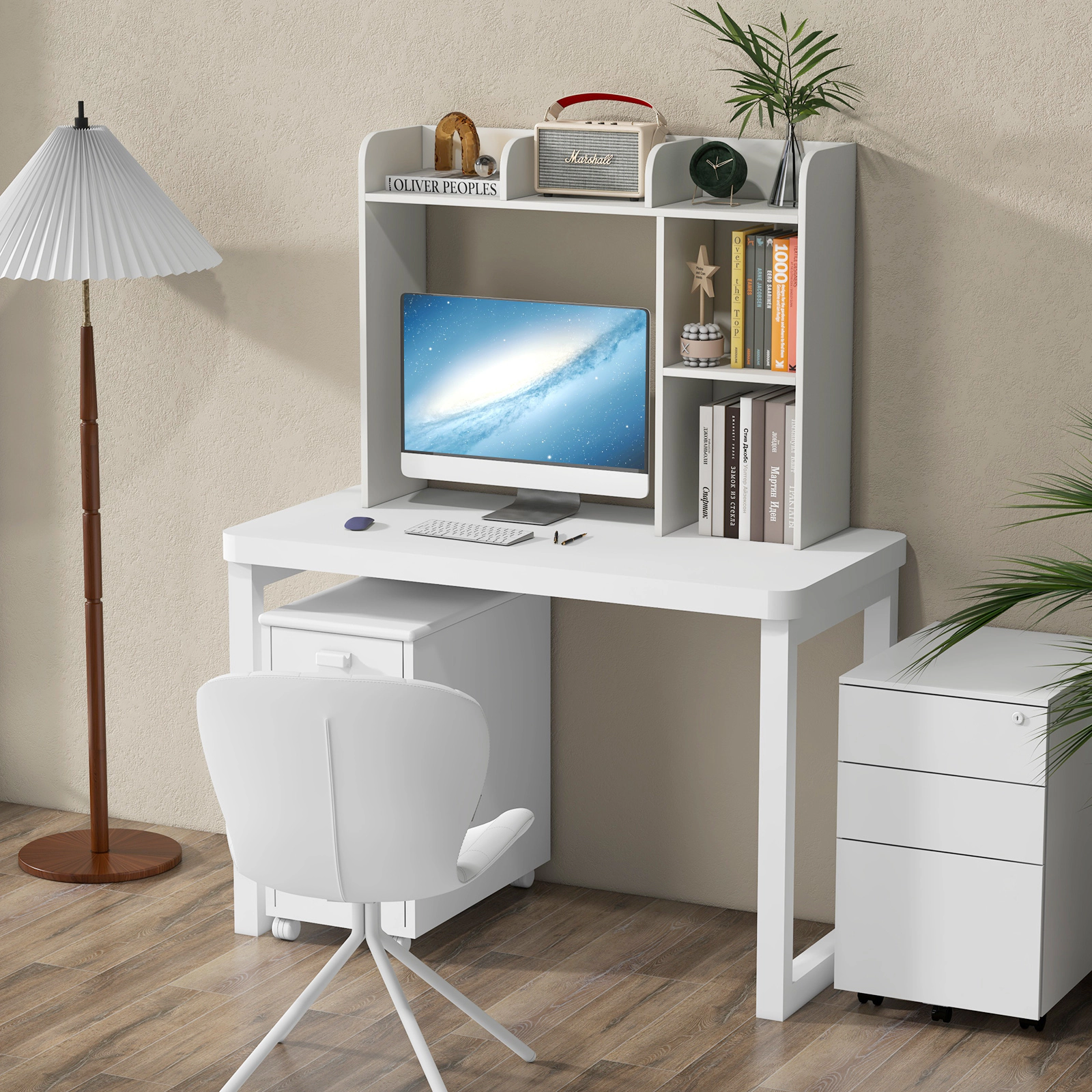SUGIFT 3-Tier Multipurpose Engineered Wood Desk Bookshelf with 4 Shelves 37-in Wide 100-lb Capacity White