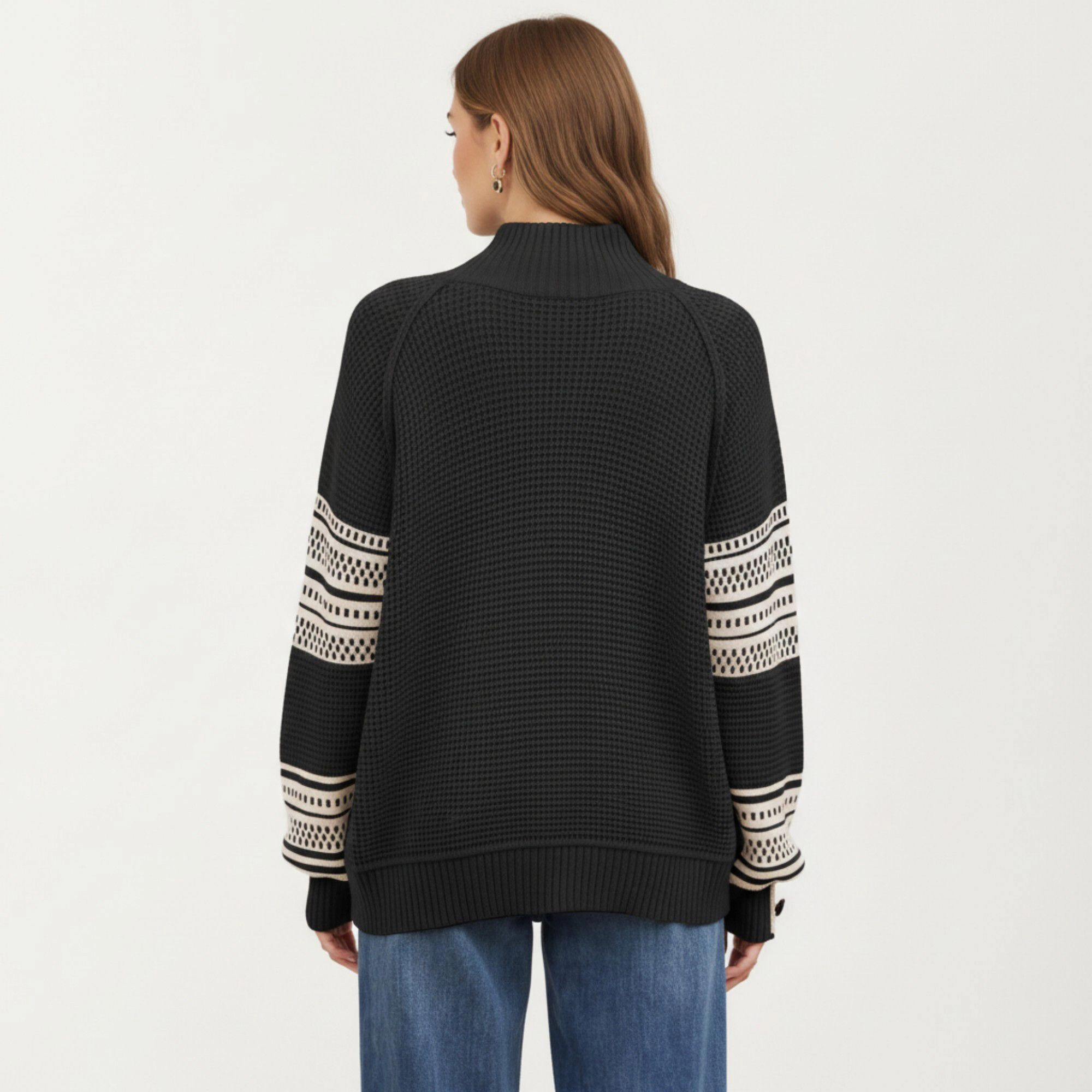 Anna-Kaci Women's Waffle Stitch Patterned Sleeve Mock Neck Long Knit Pullover Top