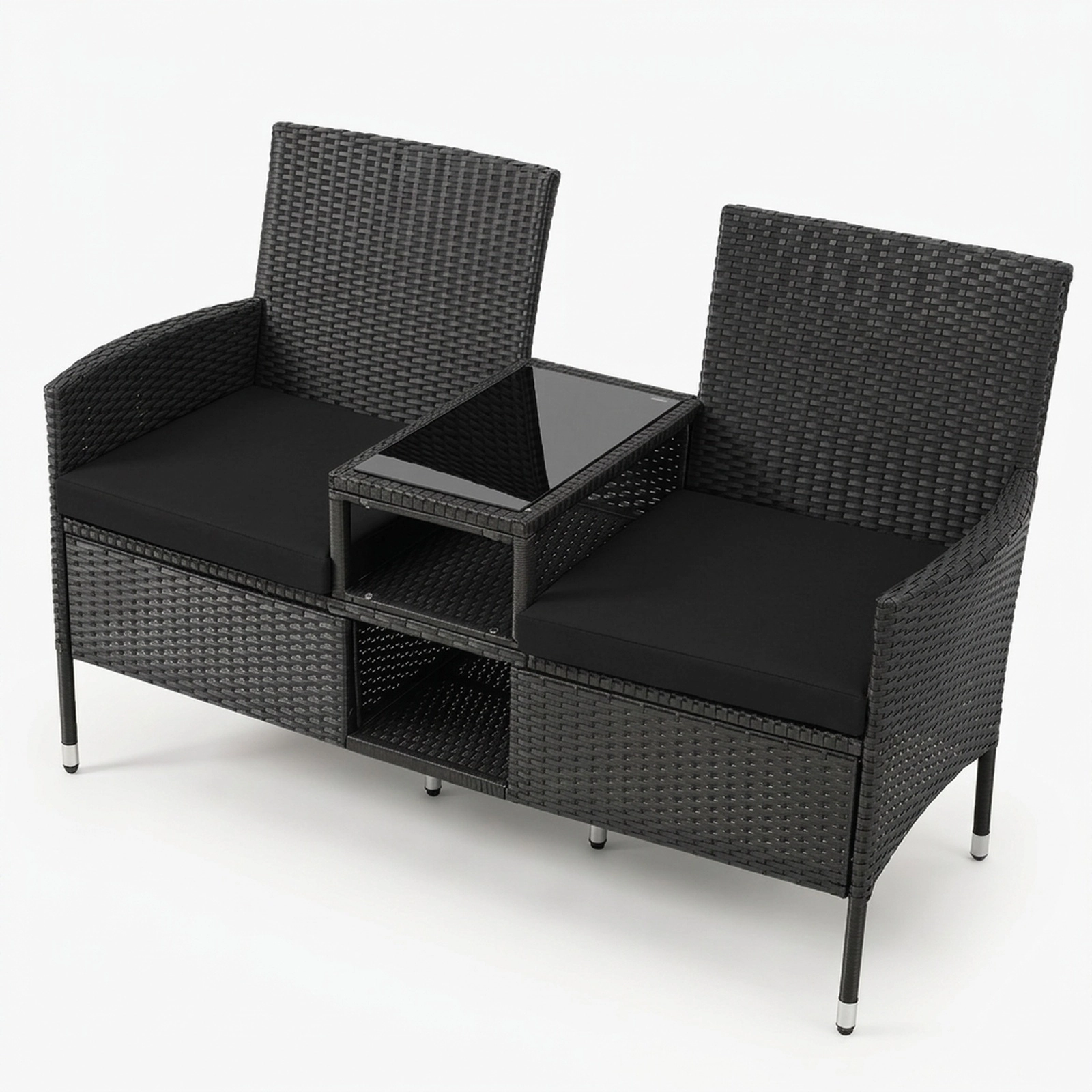 SUGIFT Glass Side Table and Storage Shelves Outdoor Wicker Patio Loveseat
