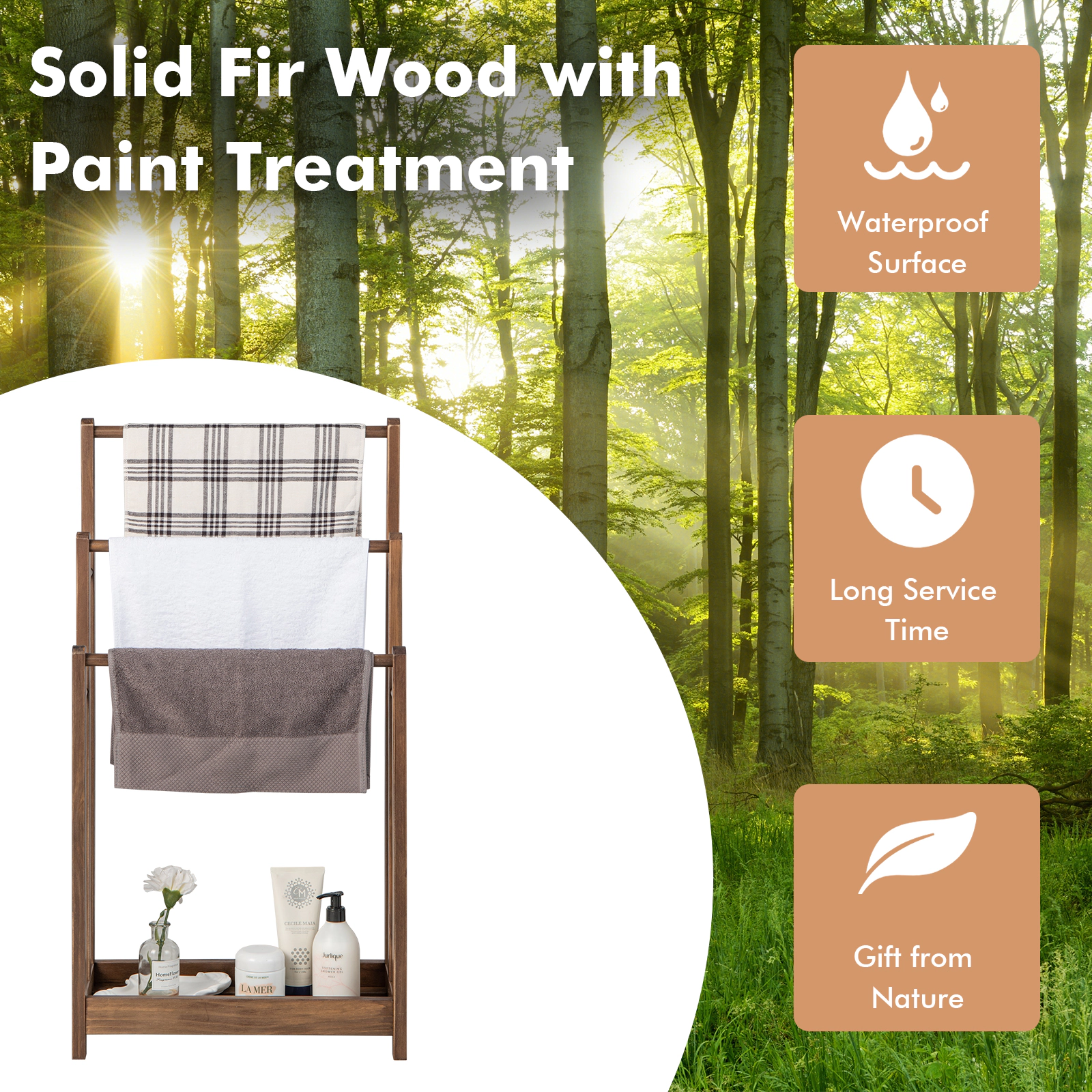 SUGIFT 3-Bar Slatted Bottom Shelf Fir Wood Bathroom Towel Rack 18-in x 9-in x 34-in 22-lb per Bar Rustic Brown