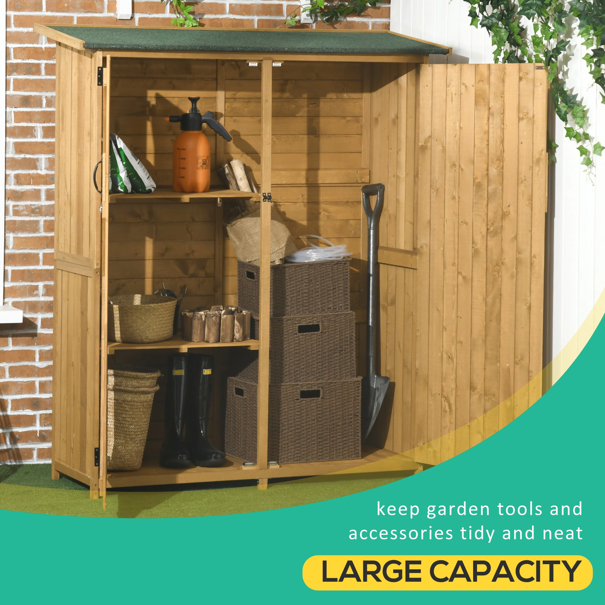 HONGGE Outdoor Storage Cabinet Wooden Garden Shed Utility Tool Organizer with Waterproof Asphalt Rood, Lockable Doors