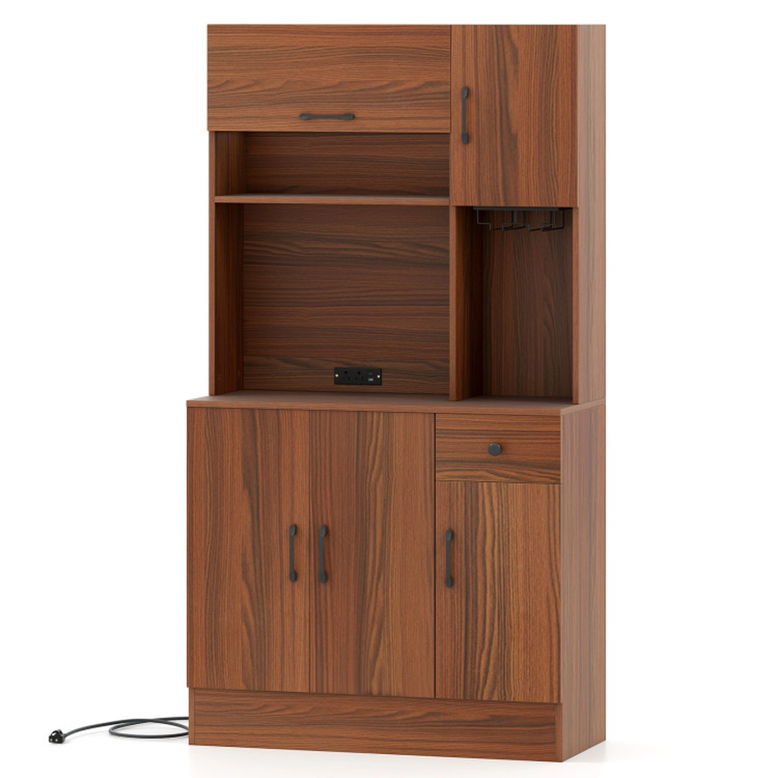 SUGIFT 66-in Pantry Cabinet with Charging Station and Microwave Stand 100-lb Tabletop Capacity Brown