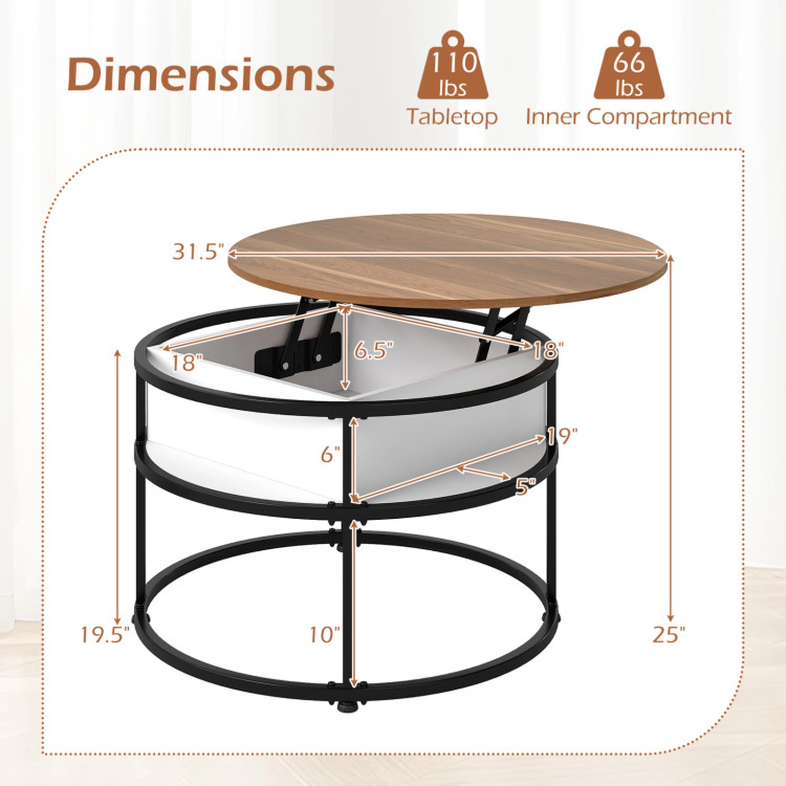 SUGIFT 31.5-in 110-lb Capacity Round Lift Top Teak Coffee Table with Hidden Compartment and 4 Side Shelves