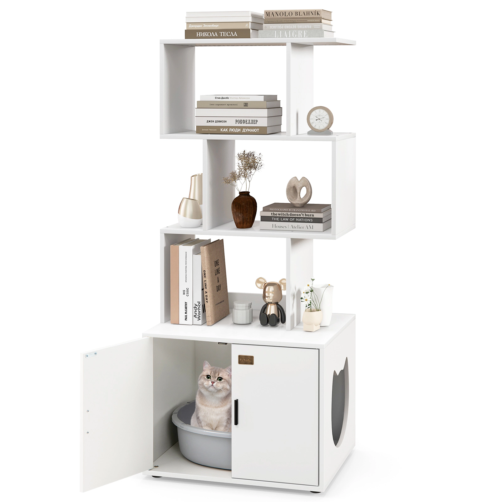 SUGIFT 56-in Tall Hidden Cat Litter Box Enclosure with Storage Shelves Rustic Brown and White