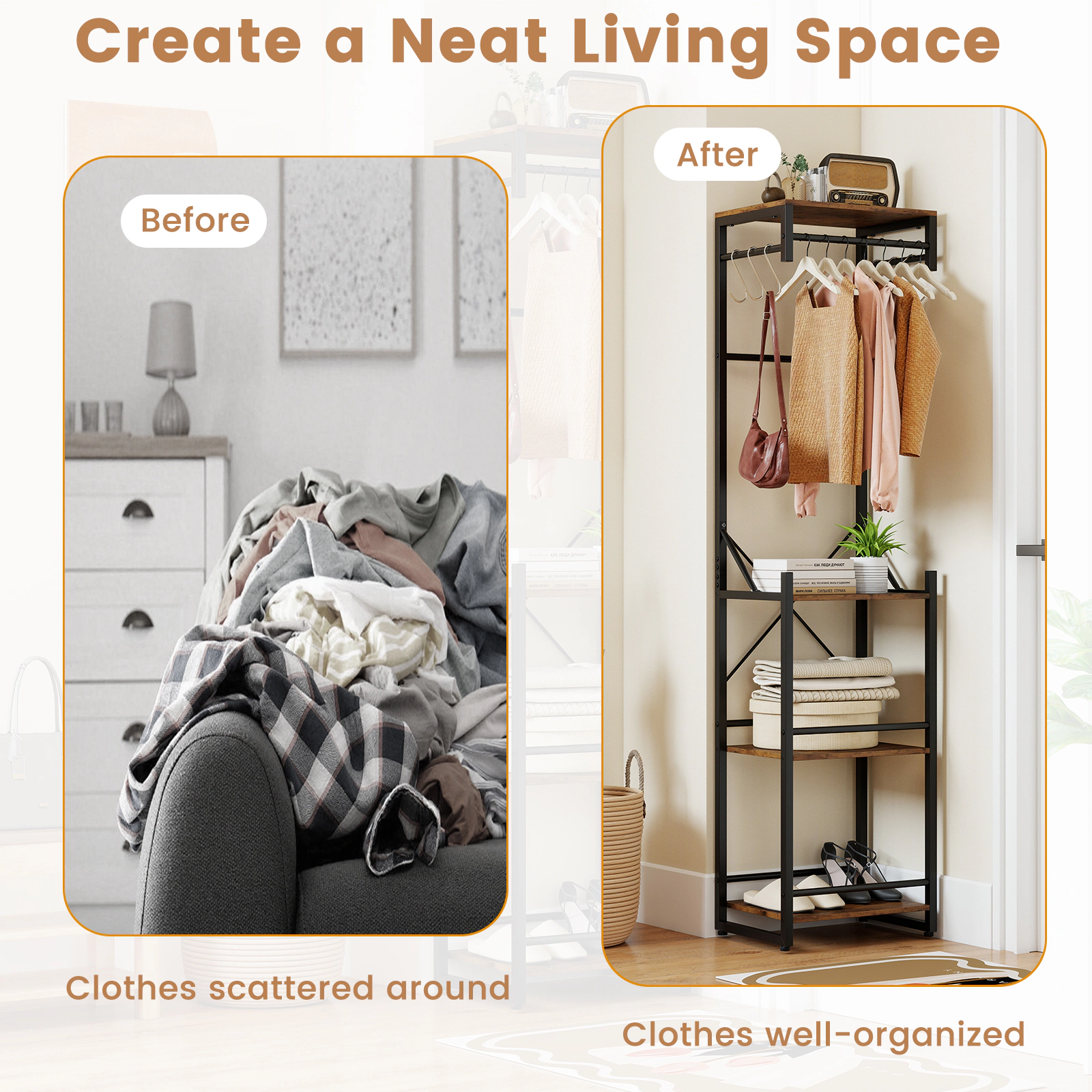 SUGIFT Freestanding Coat Rack 4 Storage Shelves 3 Hanging Rods & 6 Hooks 22-lb Top Shelf 33-lb Bottom Shelves Rustic
