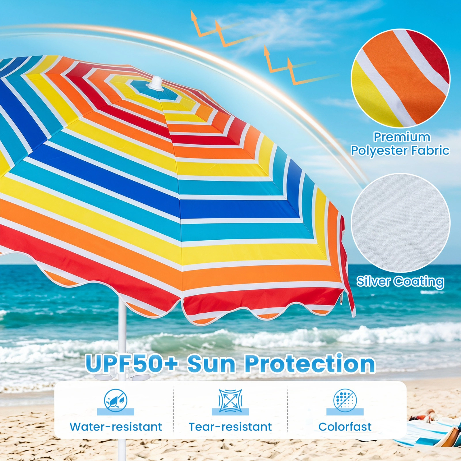 SUGIFT 7-ft Rainbow UPF 50+ Beach Umbrella with 16-in Sand Anchor Tilt Fiberglass Ribs and Cup Holders