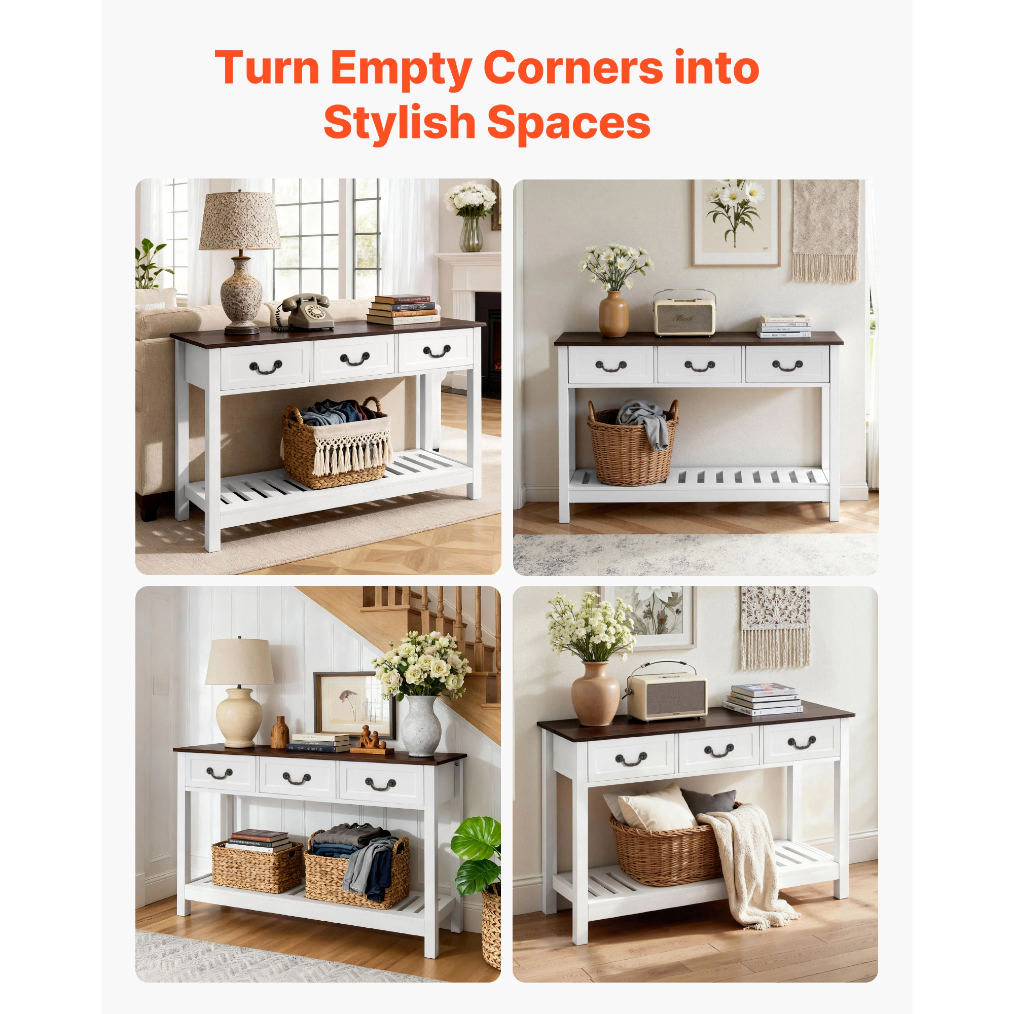 HONGGE Farmhouse Console Table Behind Couch, Wooden Rectangle Narrow Sofa Desk for Hallway Bedroom Living Room Foyer