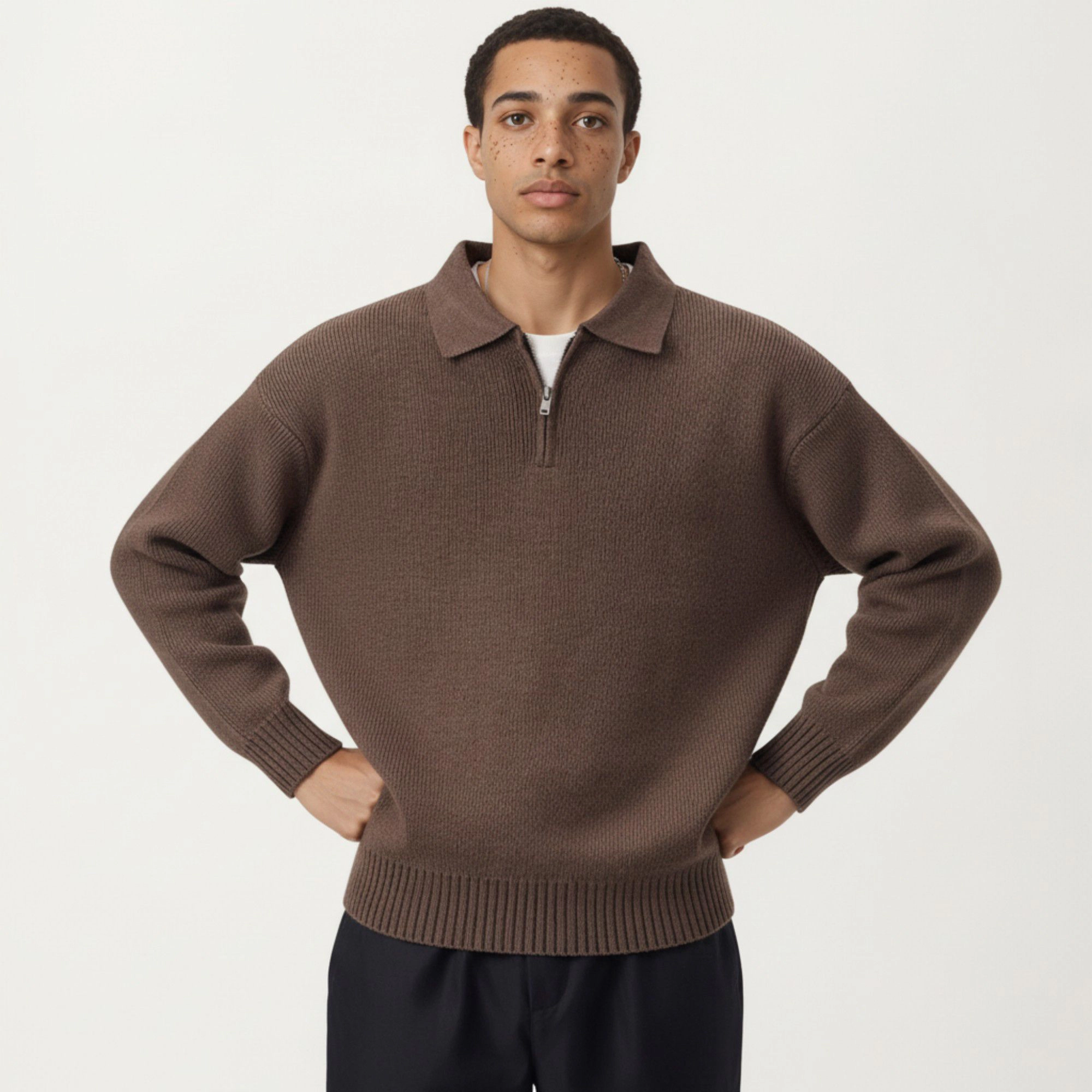 Anna-Kaci Men's Long Sleeve Collared Quarter Zip Knit Pullover Sweater with Ribbed Trim and Relaxed Fit