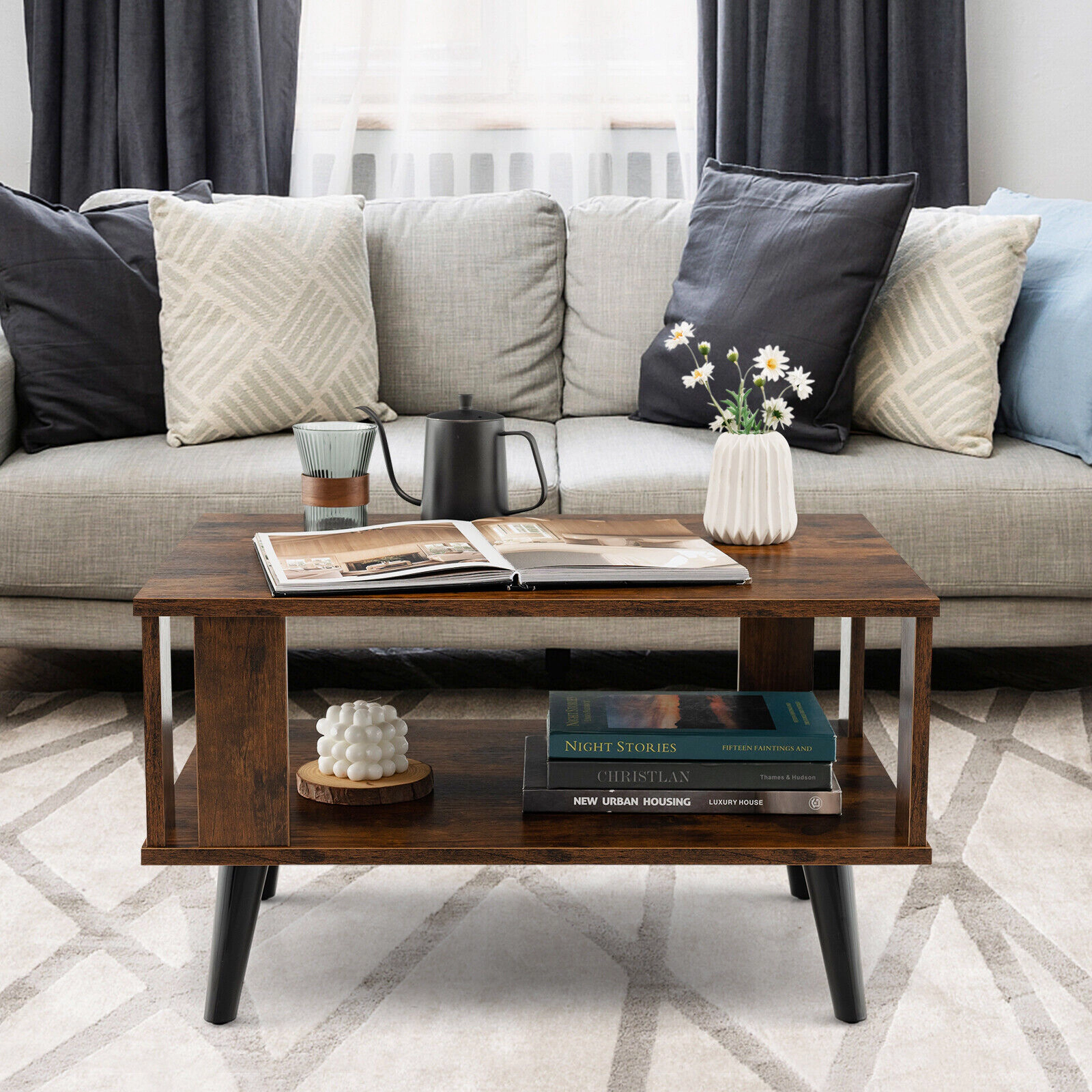 Glintex Compact 28-Inch Mid-Century Coffee Table with Open Storage Shelf, Rustic Brown