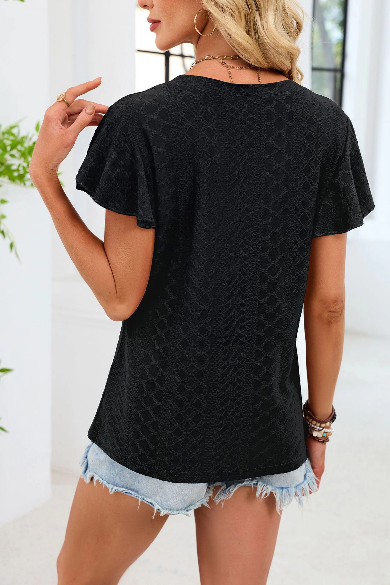 Enchanted Funland Womens V‑Neck Eyelet Embroidery Ruffle Casual Blouse Tops