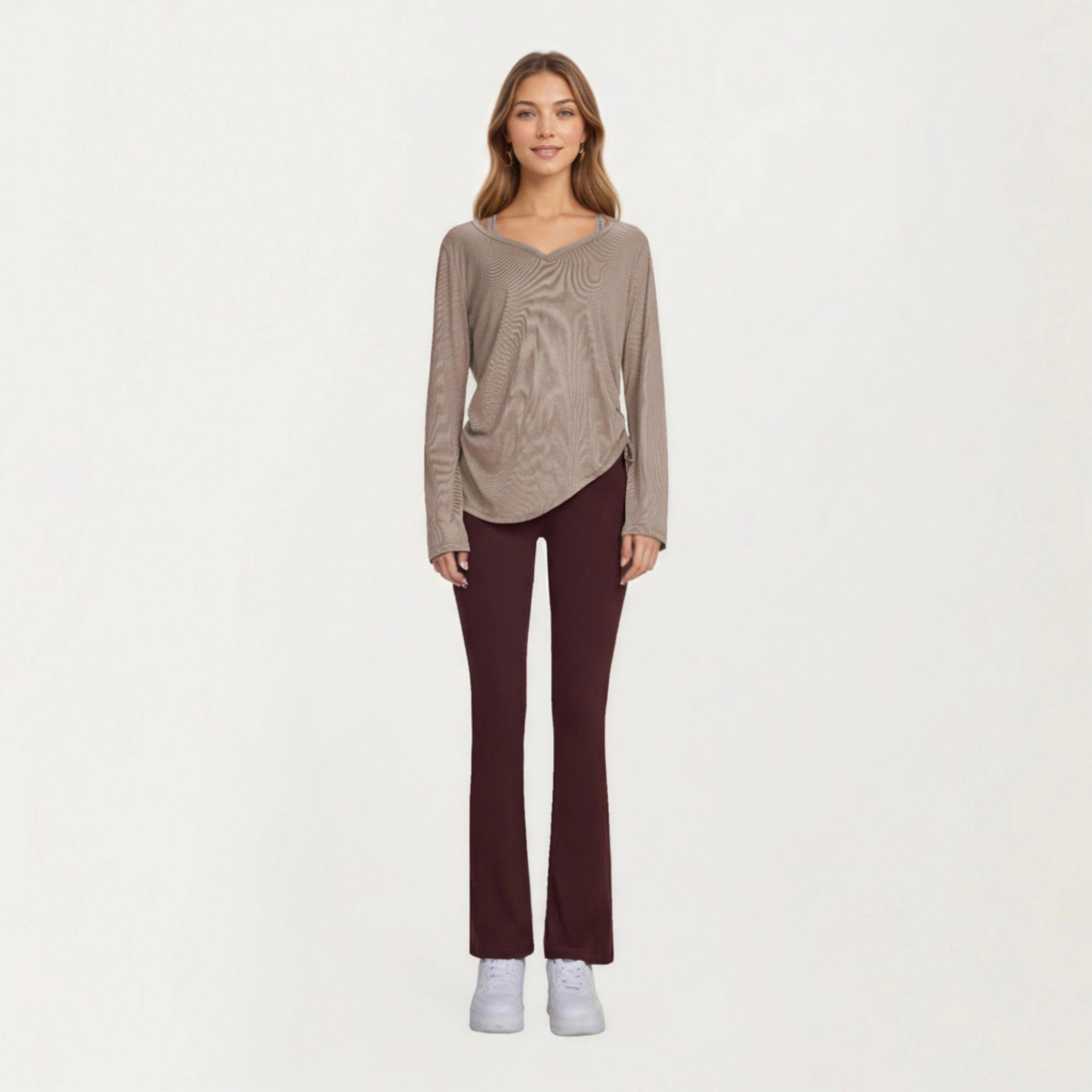 Anna-Kaci Women's Long Sleeve V Neck Top with Soft Textured Fabric Relaxed Draped Silhouette and Curved Hemline