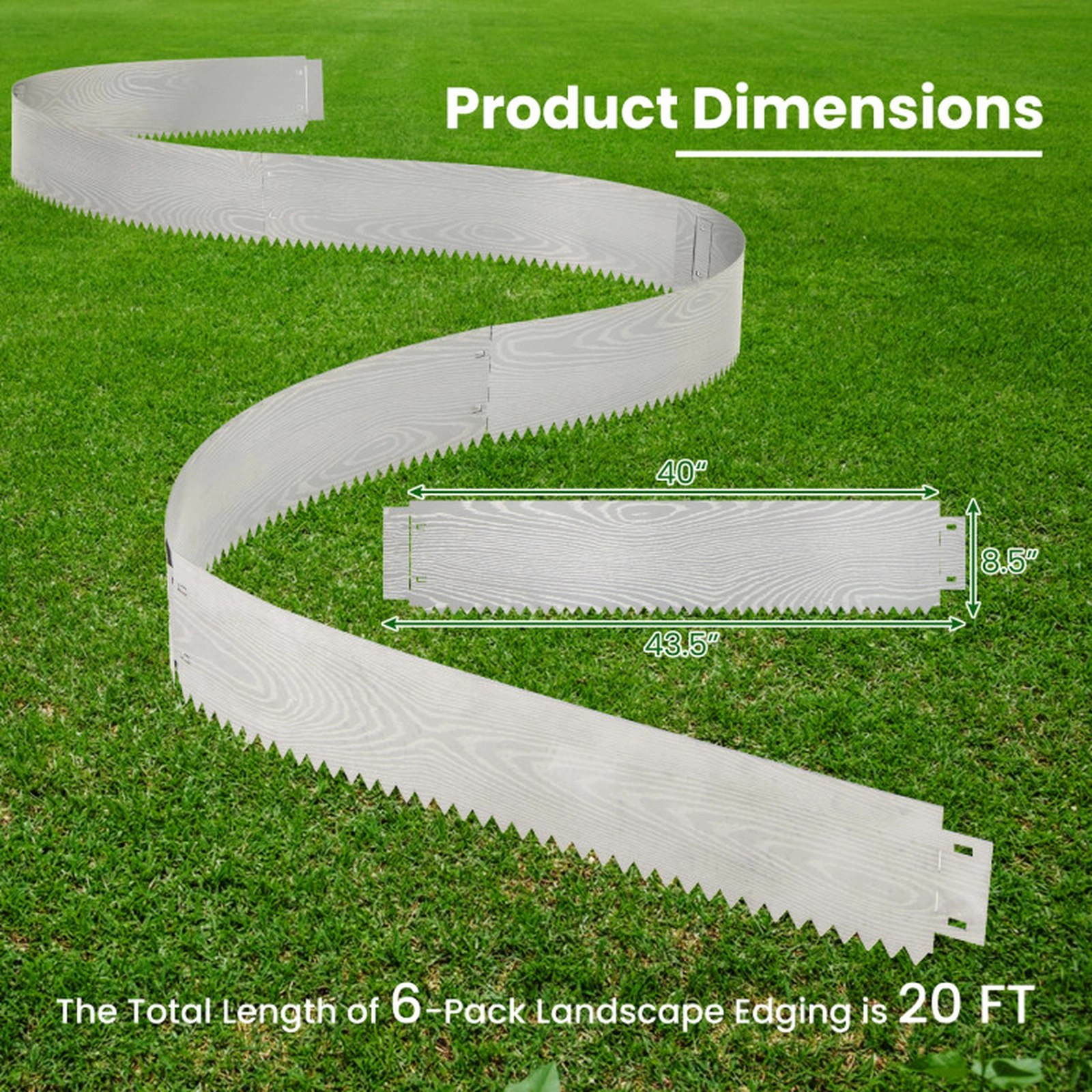 SUGIFT 6-Pack Silver Galvanized Metal Landscape Edging with Wood Grain Finish 43.5-in W 8.5-in H 20-ft Total