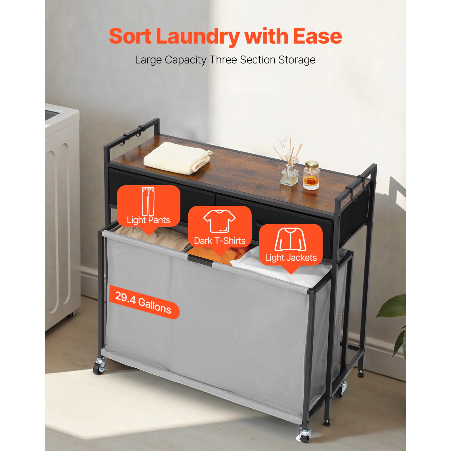 HONGGE Laundry Sorter Large Laundry Hamper with Metal Frame and Wooden Tabletop Freestanding Storage Organizer Baskets
