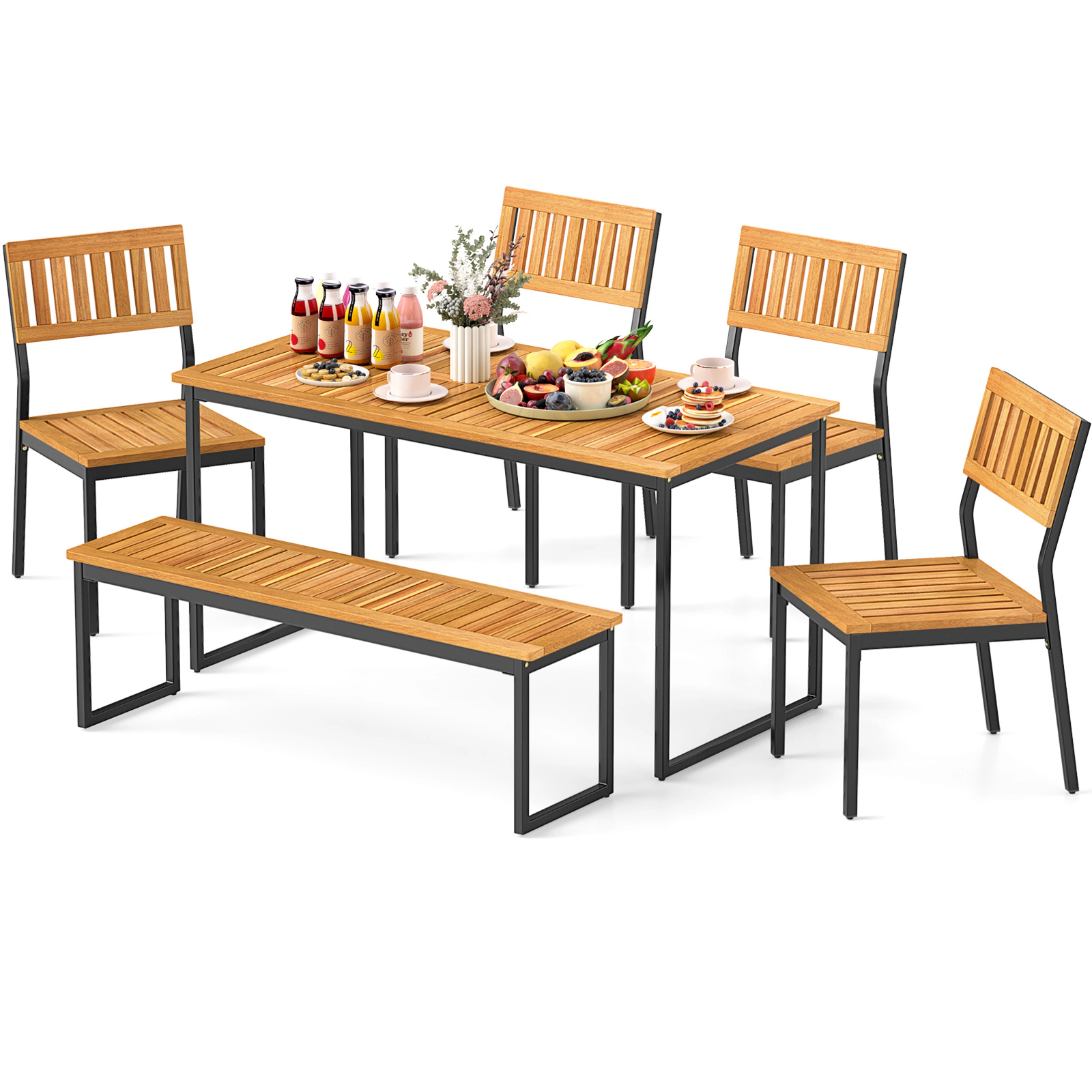 LJG 6 Pieces Outdoor Acacia Wood Dining Set with Bench and 2 Inches Umbrella Hole