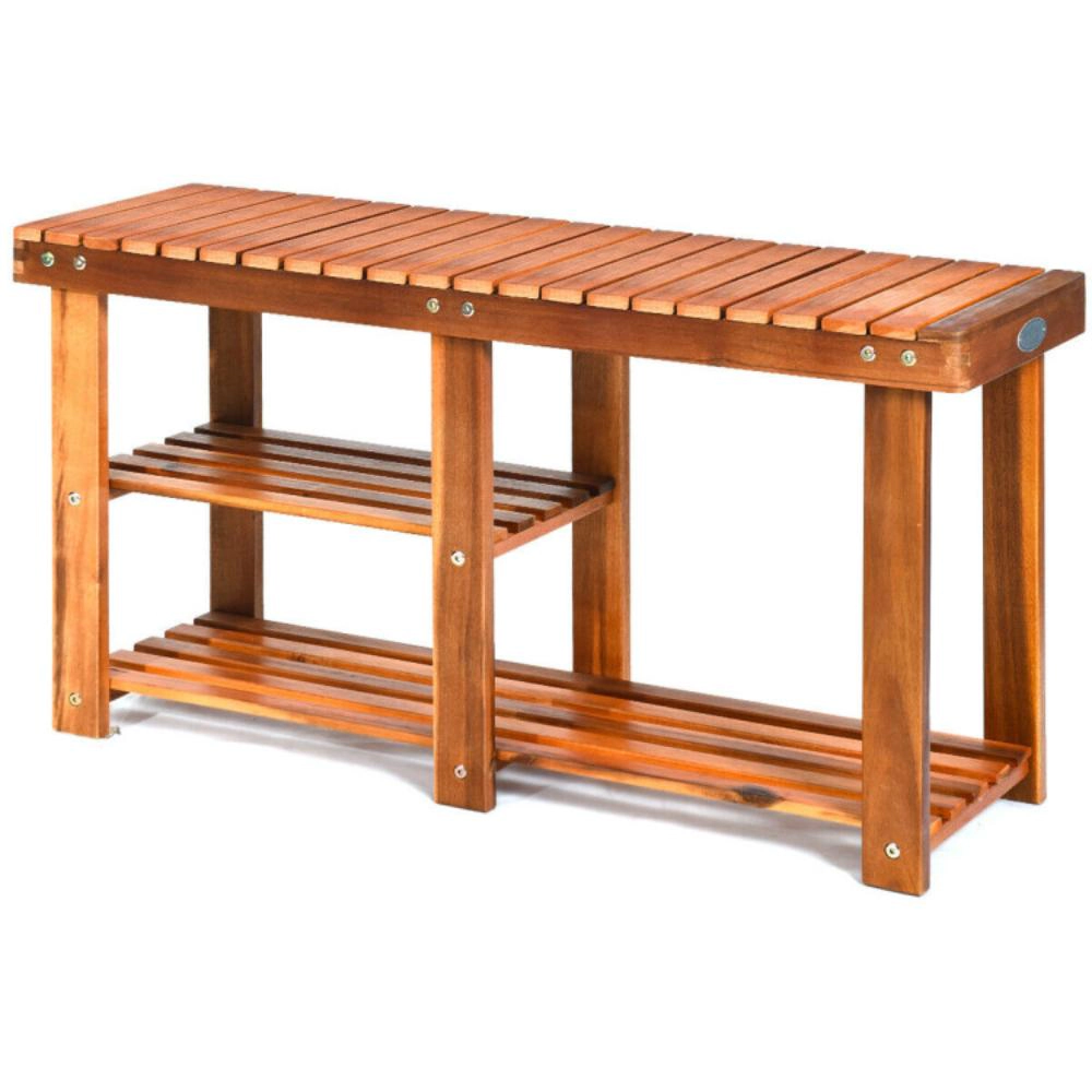 Hivvago 3-Tier Freestanding Wooden Shoe Organizer with Seat