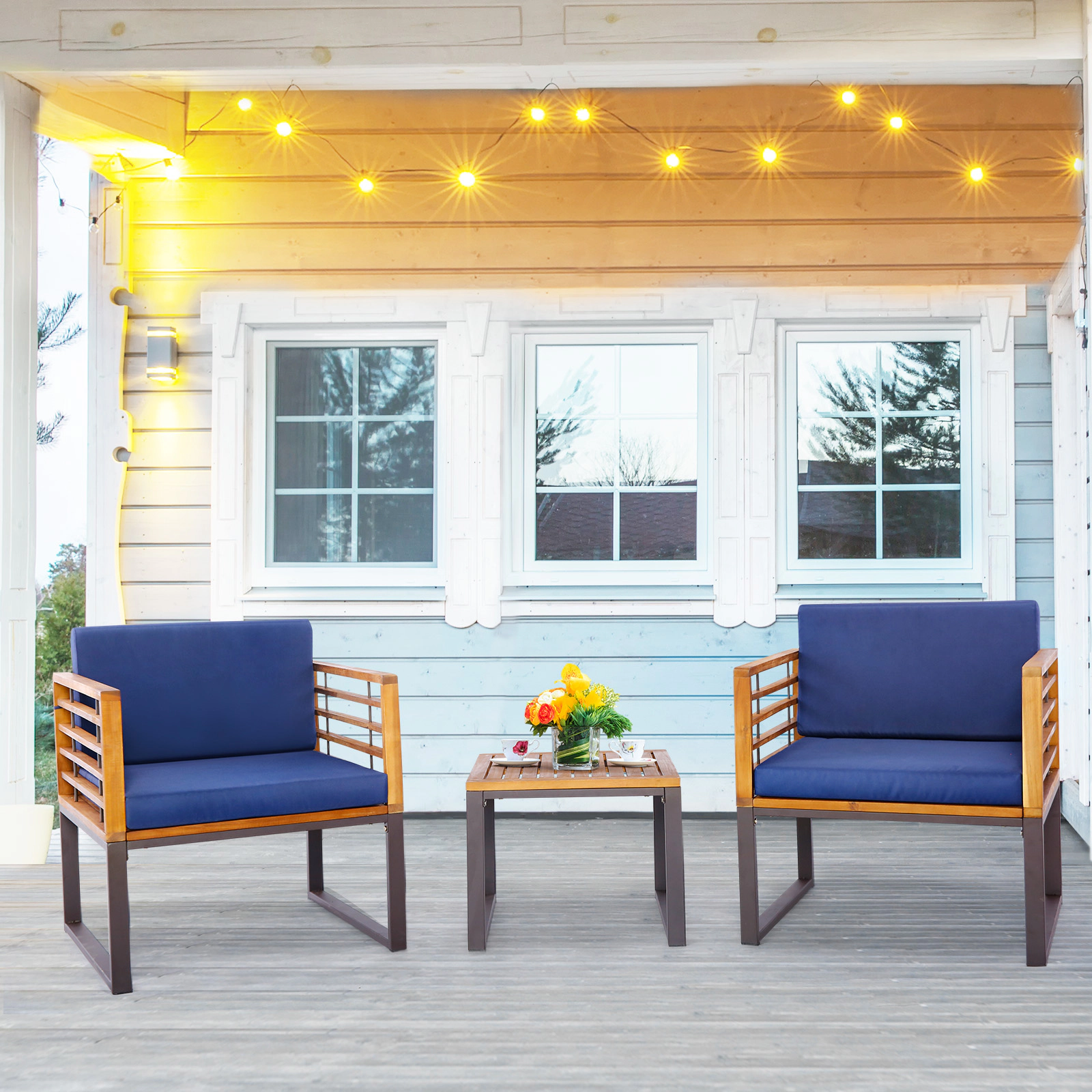 SUGIFT Patio Acacia Wood Conversation Set with Cushioned Armchairs 400-lb Chairs Navy Cushions Natural Black Frame