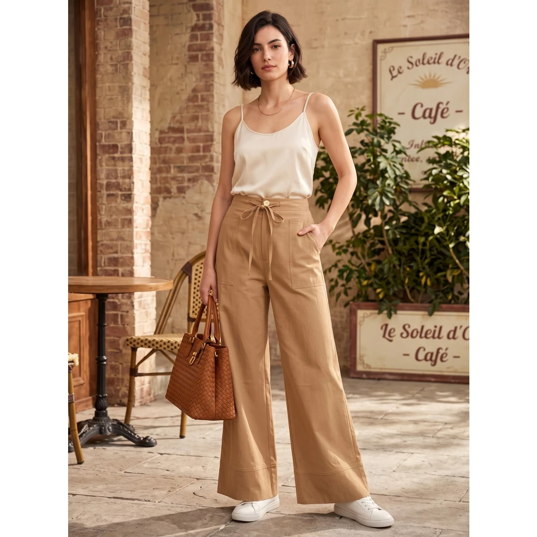 Coolmee Women's Drawstring Loose Fit Wide Leg Flowy Casual Pants Trousers
