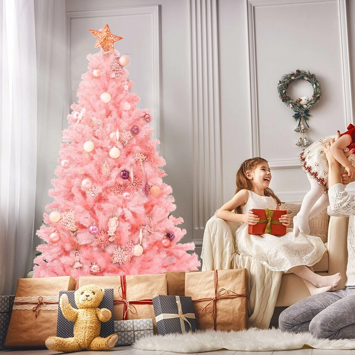 SlickBlue Full Shape Pink Christmas Tree with Hinged Sections and Metal Stand