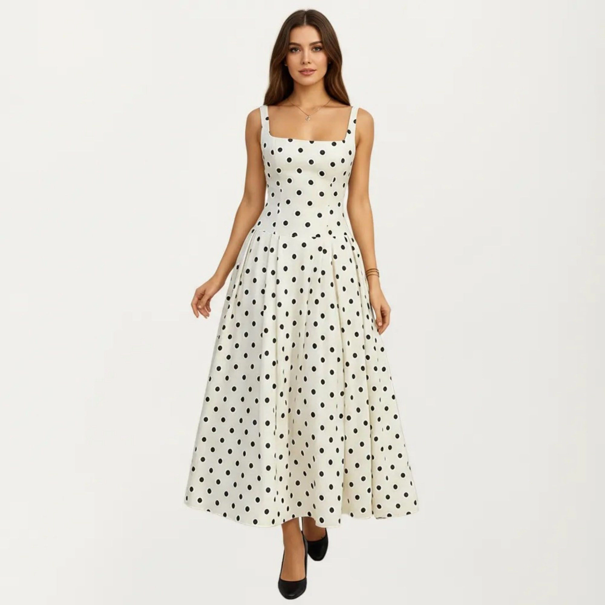 Anna-Kaci Polka Dot Square Neck Pleated A-Line Midi Dress
