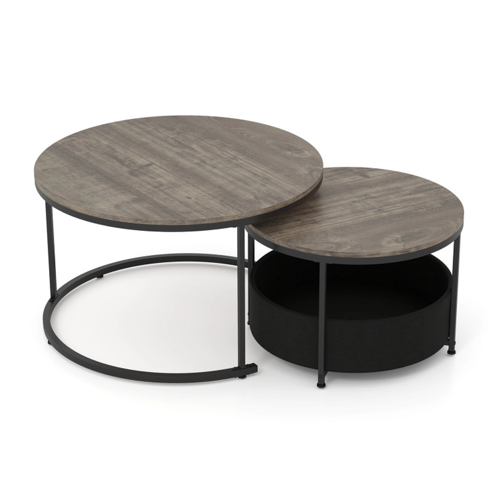 SUGIFT Round Nesting Coffee Table Set of 2 with Dual Tabletops Fabric Storage Basket 110-lb and 66-lb Capacity Gray
