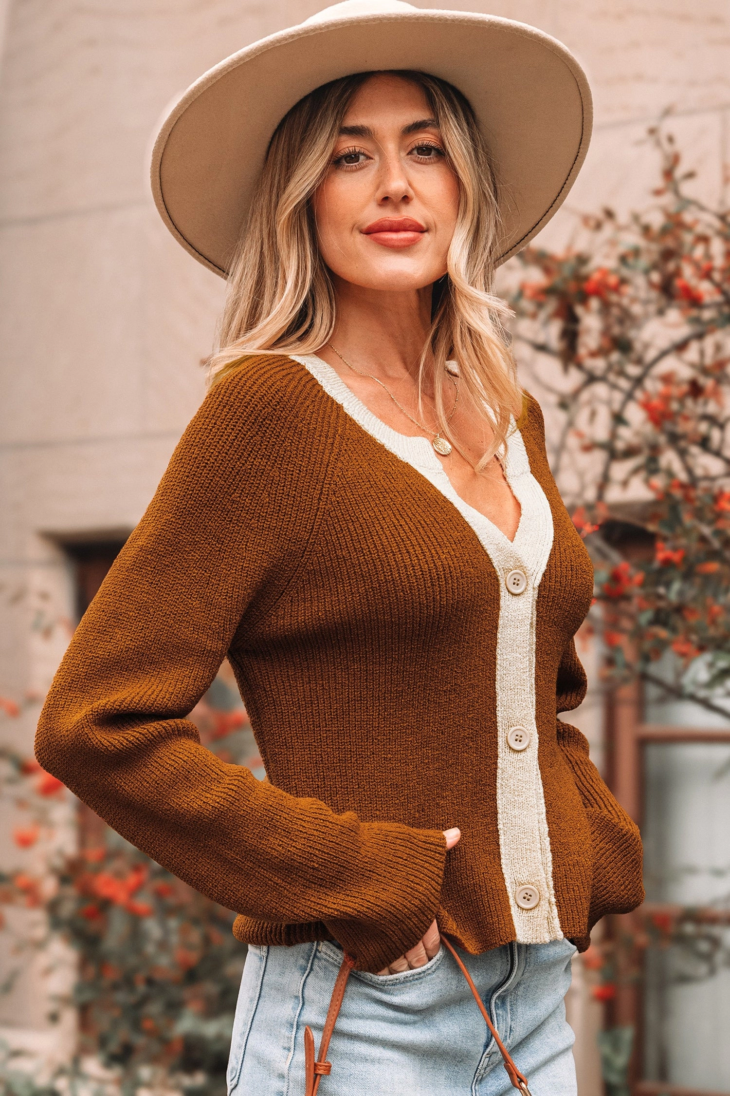 Threaded Pear Women's Gabriella Knit Neckline Short Cardigan