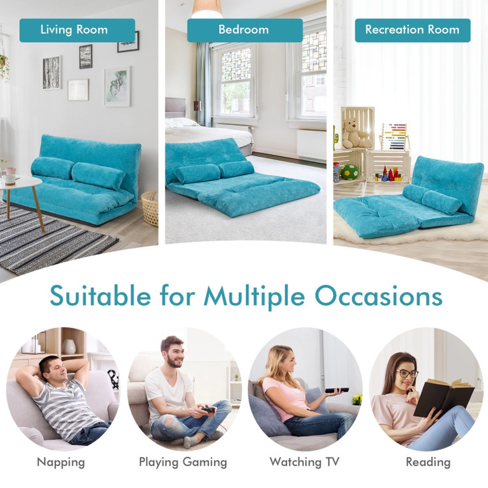 SUGIFT 6-Position Lay Flat 2 Pillows Corduroy Convertible Floor Sofa Bed 71-in x 42.5-in x 7-in 330-lb Capacity Blue