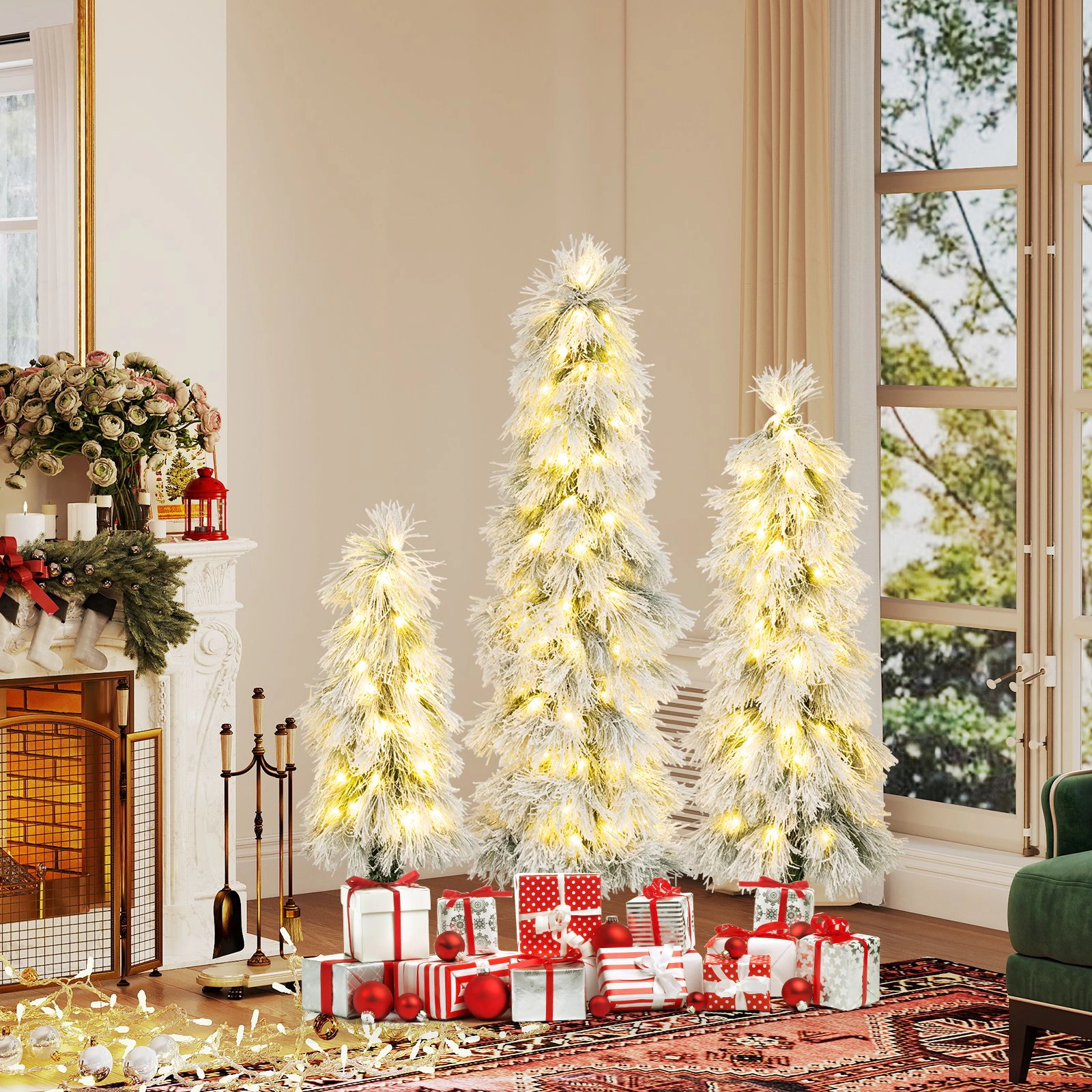SlickBlue Set of 3 Slim Snow-Dusted Christmas Trees with LED Lights