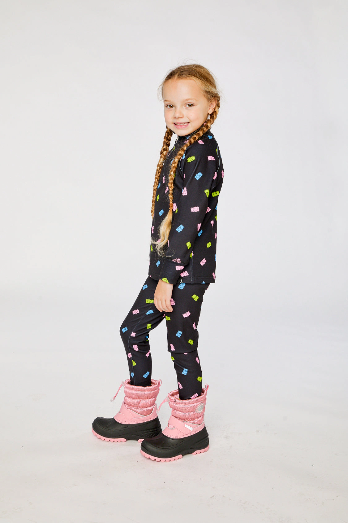 Deux par Girls Two Piece Half-Zip Thermal Underwear Top and Pants Set with Printed Gummy Bears