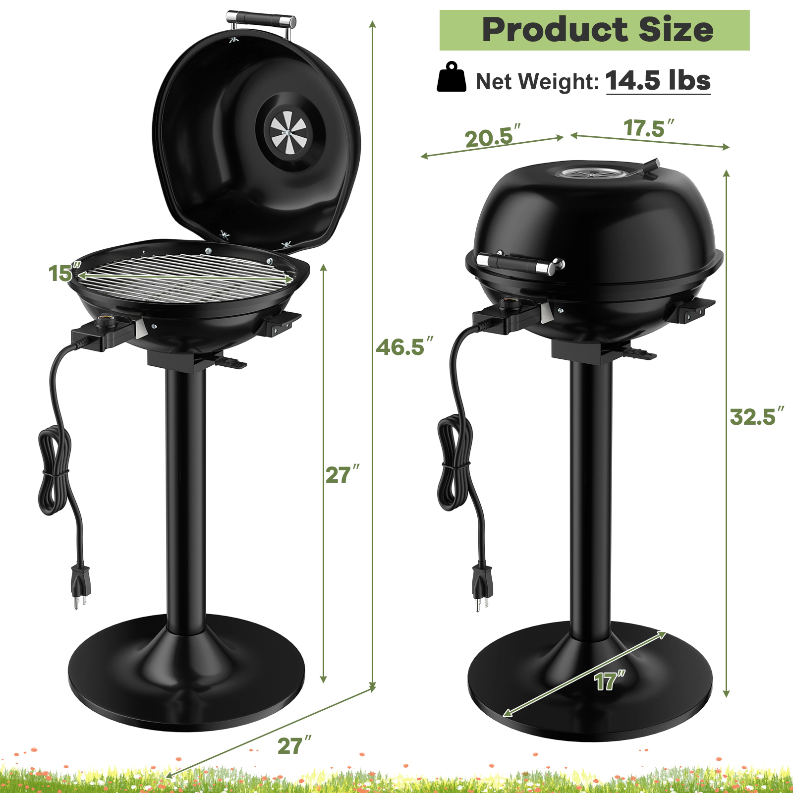 SUGIFT 1600W Black Portable Electric Grill with Removable Non-Stick Rack 20.5-in W 17.5-in D 32.5-in H