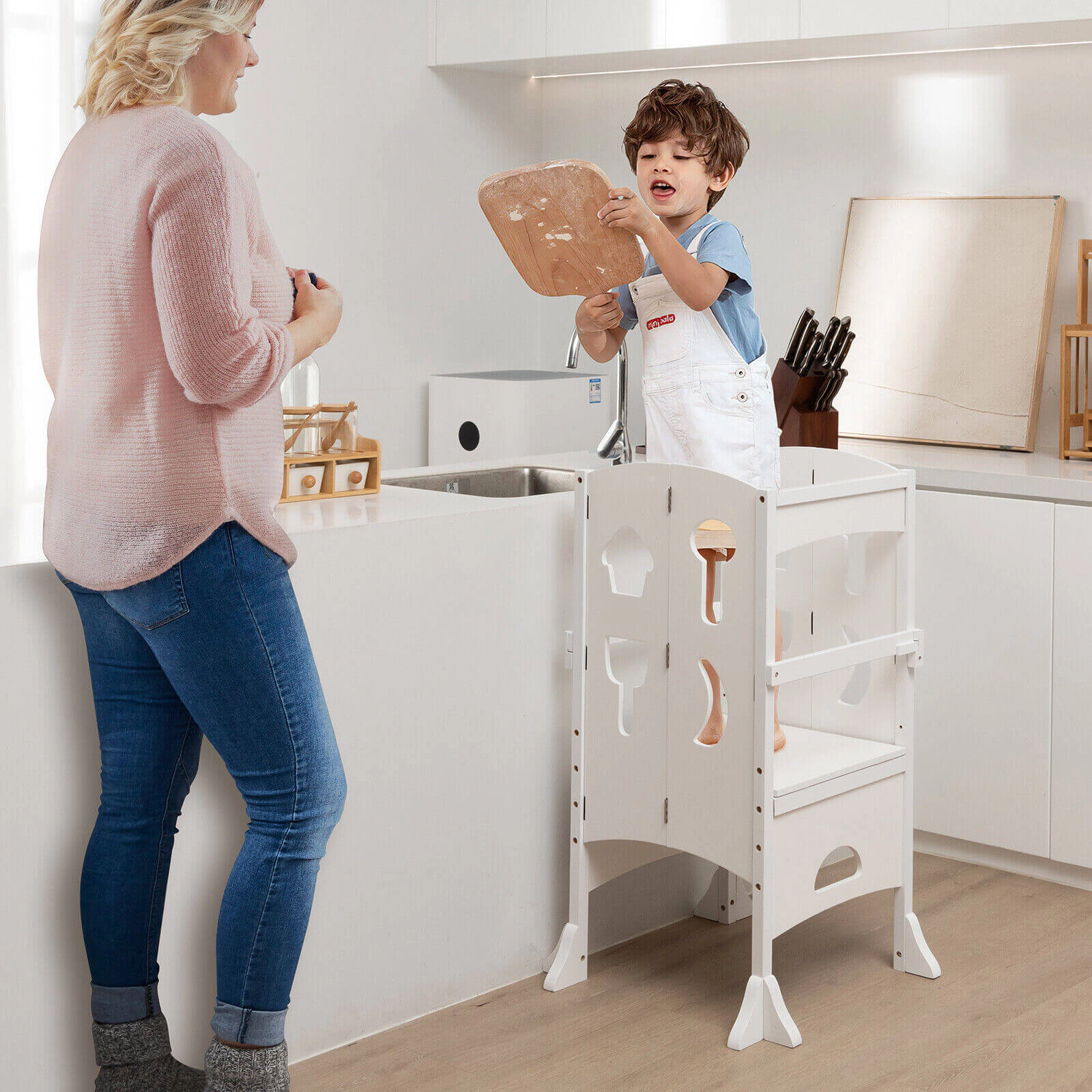 SUGIFT White Lockable Safety Rail for Age 3 and Up Folding Wooden Kids Step Stool