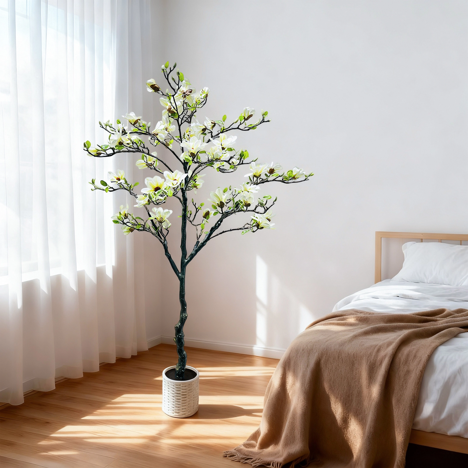 6FT Artificial Magnolia Flower Tree with Pot,Real Touch Silk Faux Plant Decor