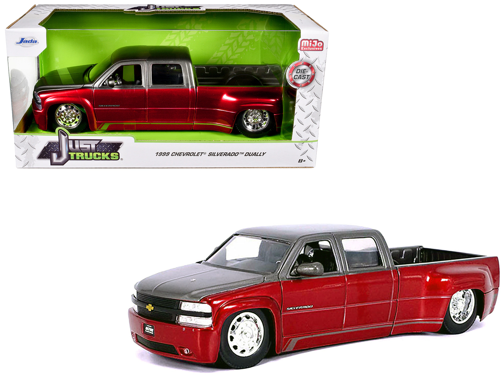 Jada 1999 Chevrolet Silverado Dually Pickup Truck Red Metallic and Gray with Stock Wheels "Just Trucks" Series