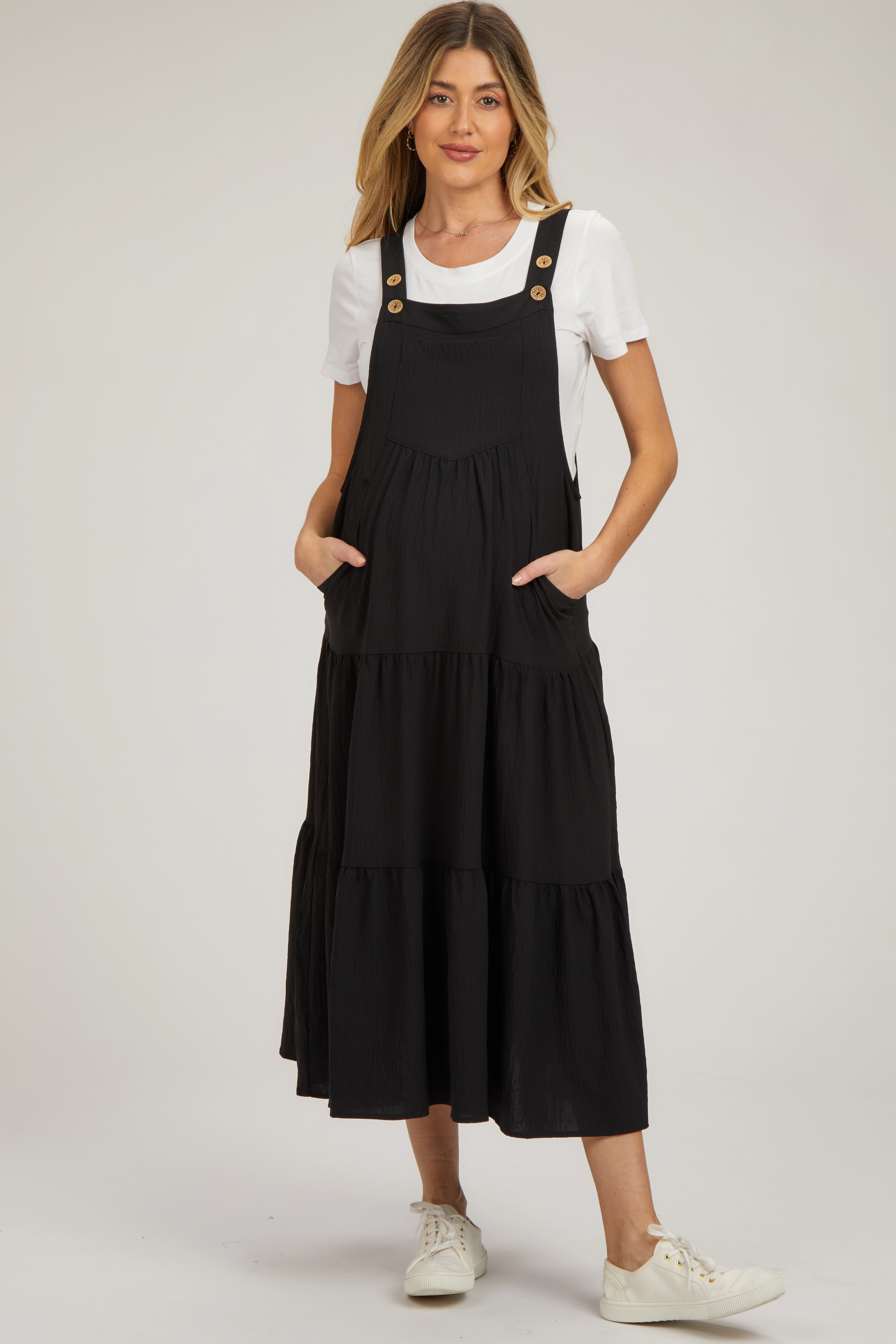 PinkBlush Womens Black Button Sling Tiered Maternity Midi Dress