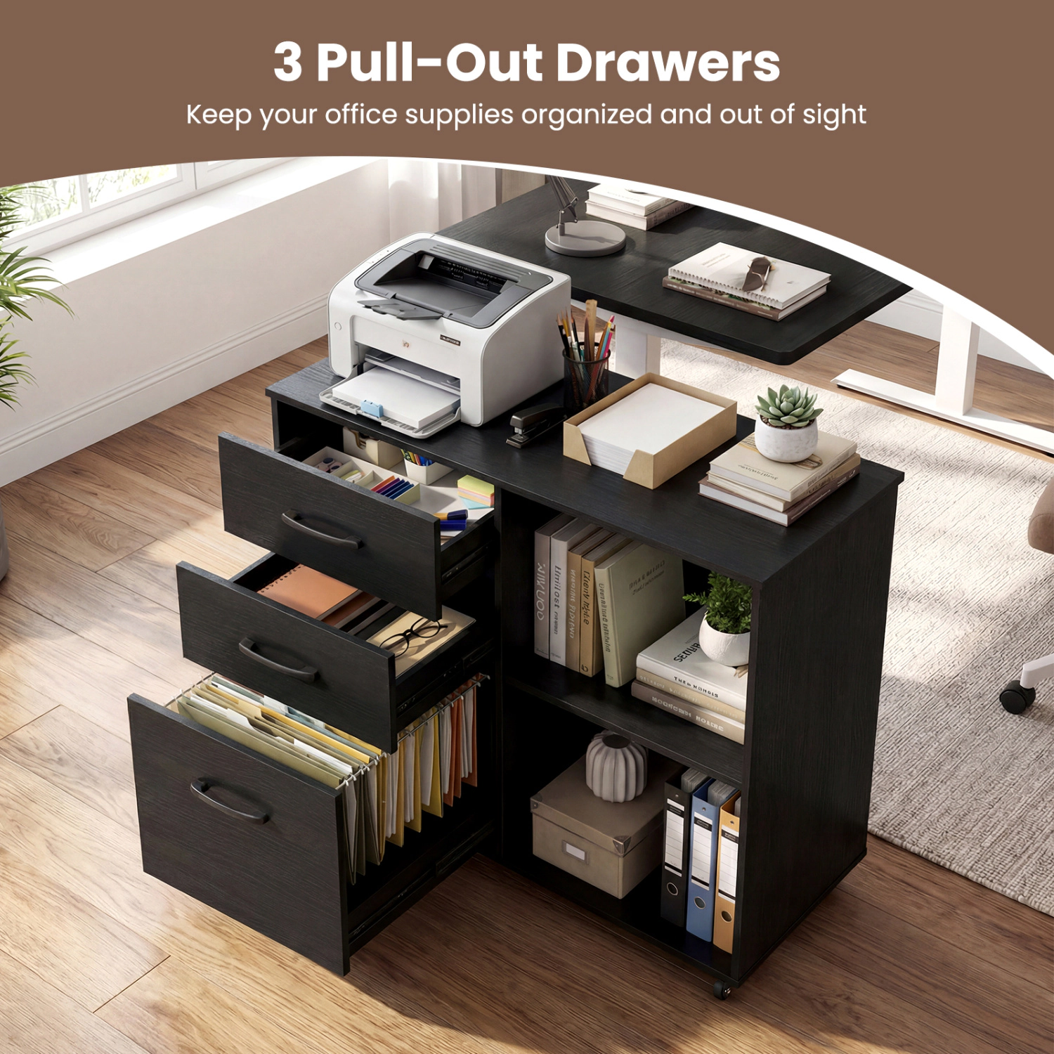 LJG 3-Drawer Mobile Lateral File Cabinet Printer Stand