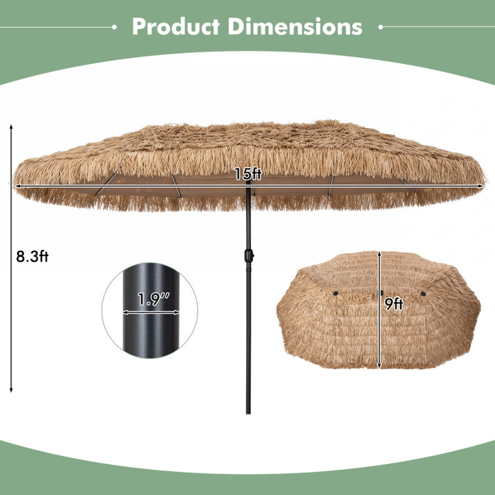 SUGIFT Brown 144 Color-Changing LED Lights 15 x 9 FT Solar Double-Sided Thatched Patio Umbrella