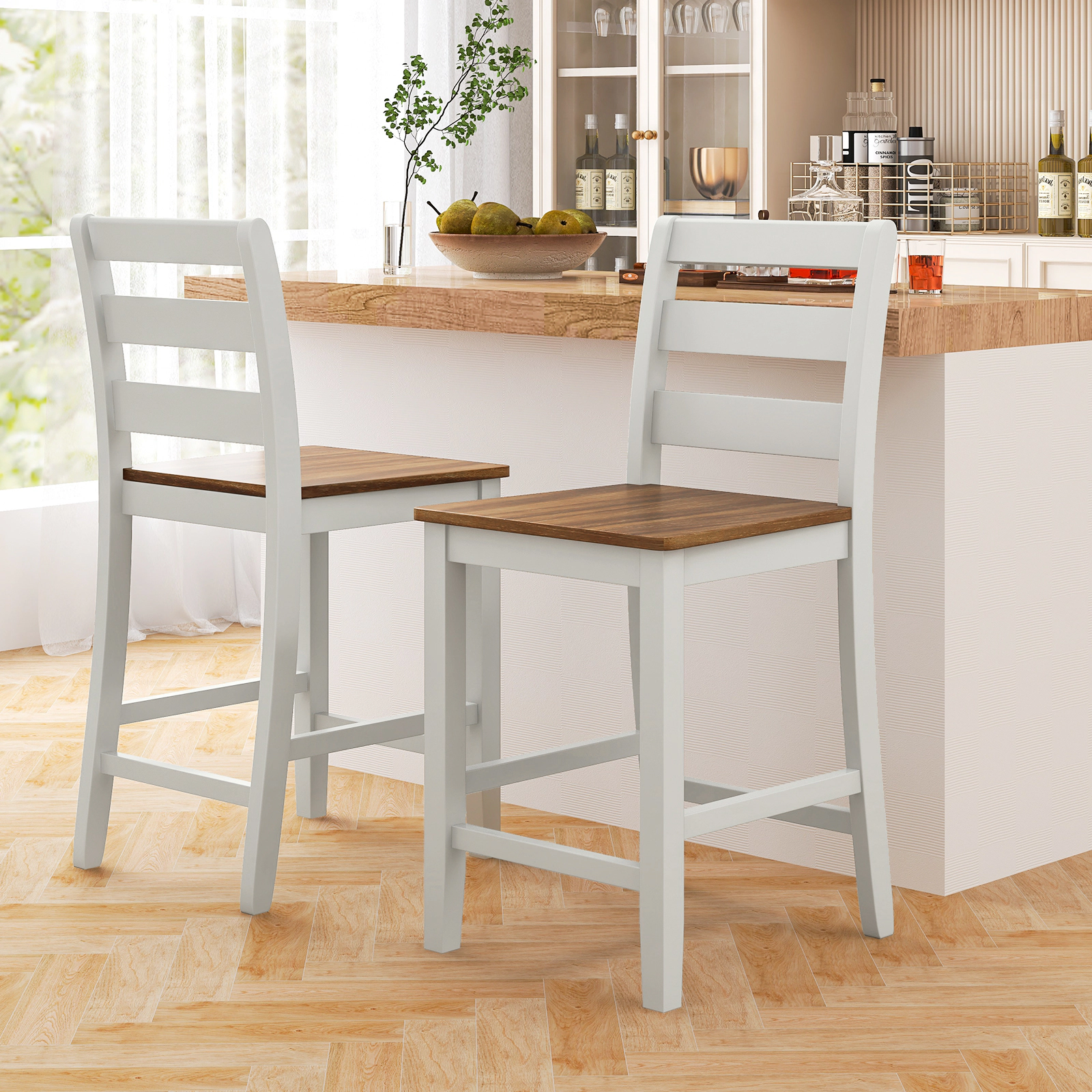SUGIFT Set of 2 Wooden Counter Bar Stools with Inclined Backrest and Footrest 400-lb Capacity Gray & Walnut