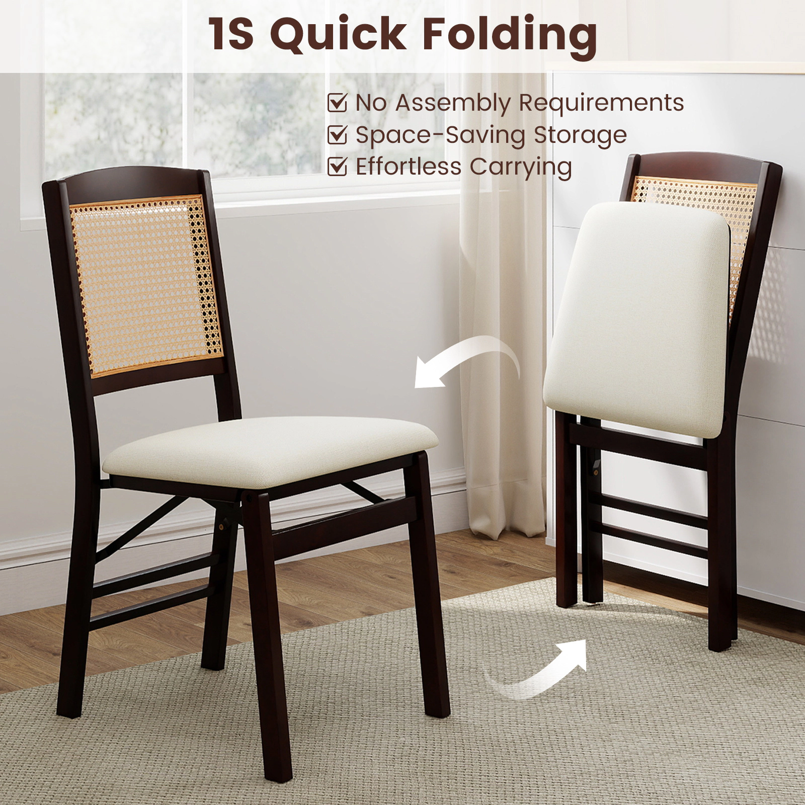 SUGIFT Set of 2 Boho Folding Dining Chairs, Rubber Wood, PE Rattan and Linen Seat