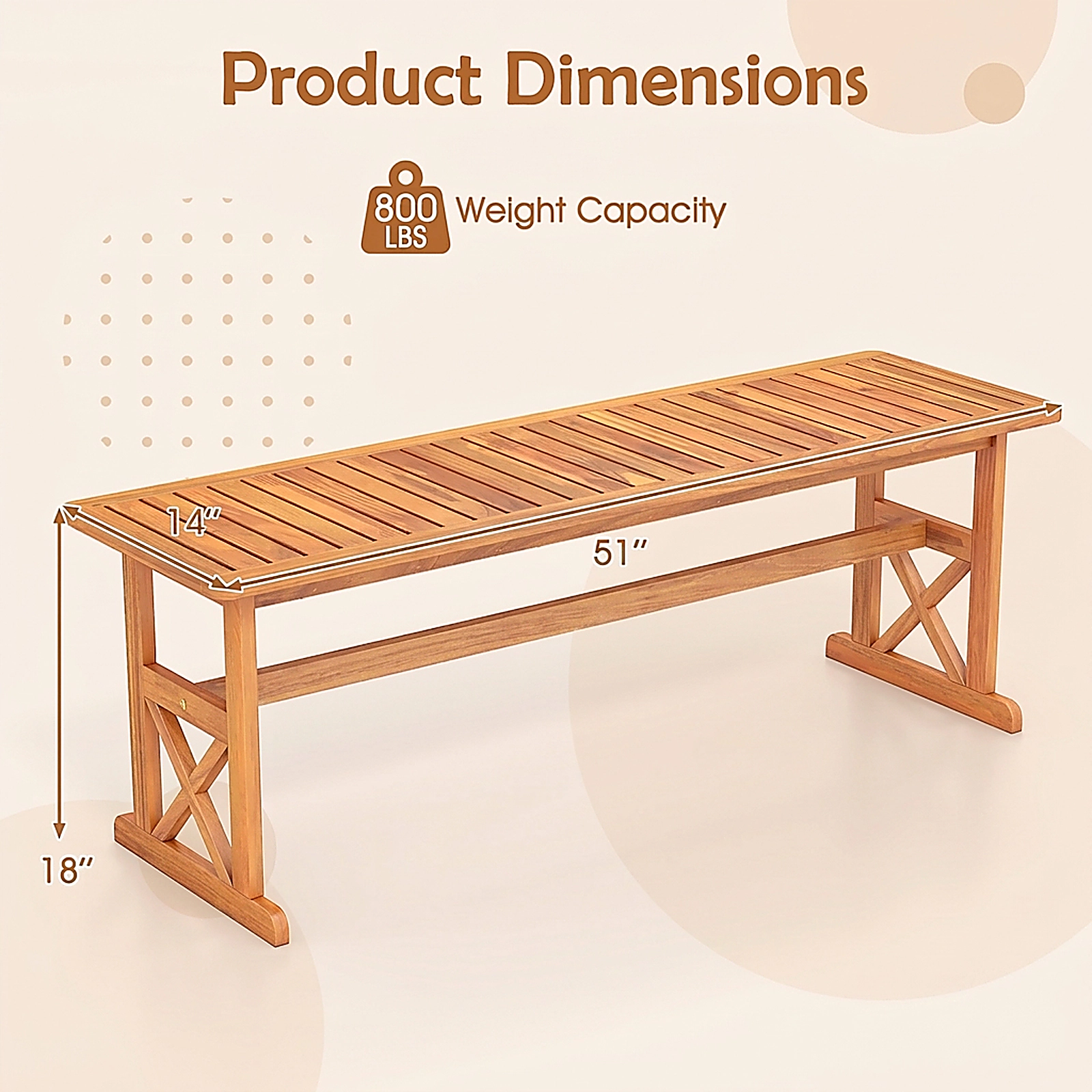 SUGIFT 51-in Outdoor Acacia Wood Bench with Slatted Seat 800-lb Capacity 2-3 Person 18-in Tall 2-Piece Set Natural