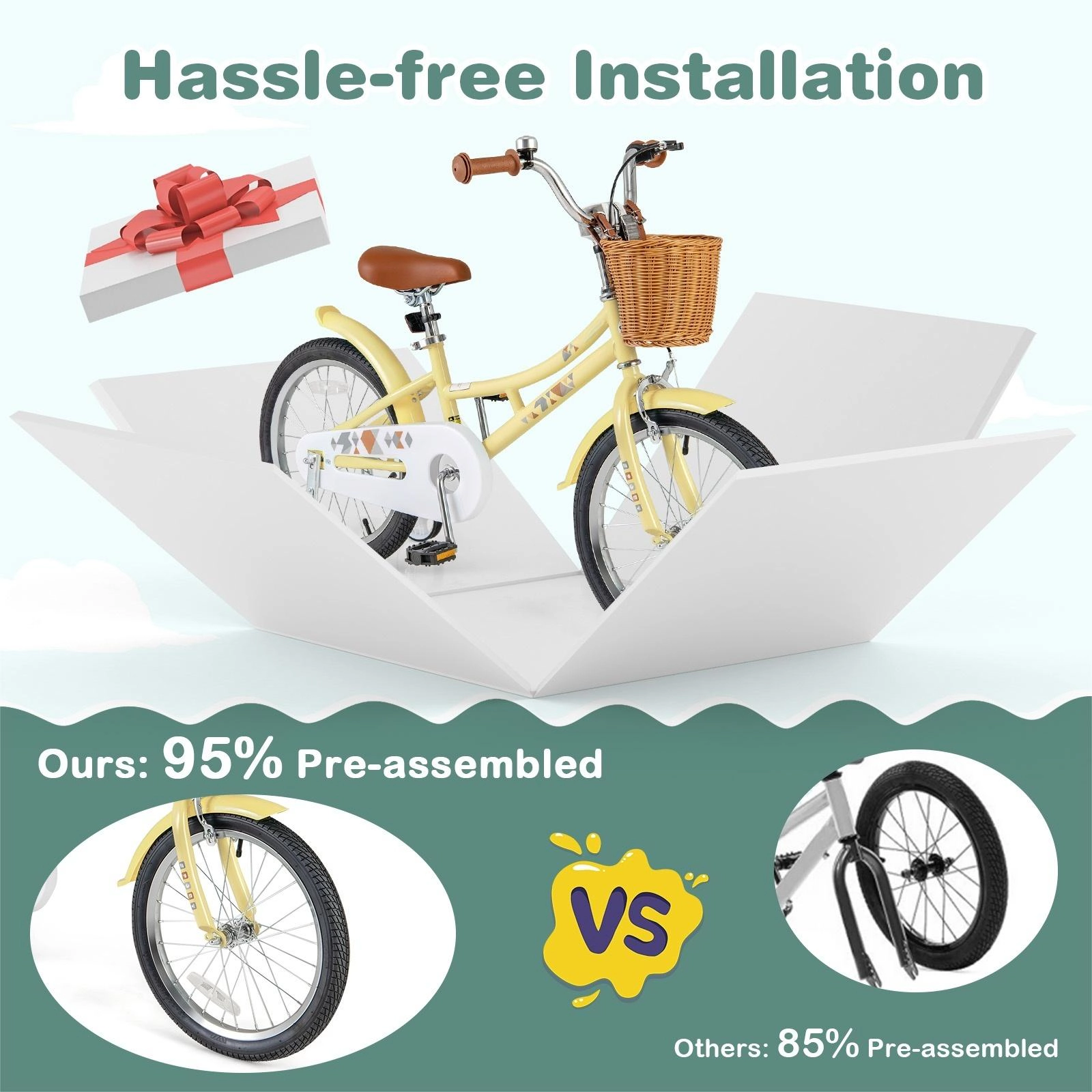 SUGIFT Height Adjustable Kids Bicycle with Training Wheels Basket and Bell 132-lb Seat Capacity Ages 4-8 Years Yellow